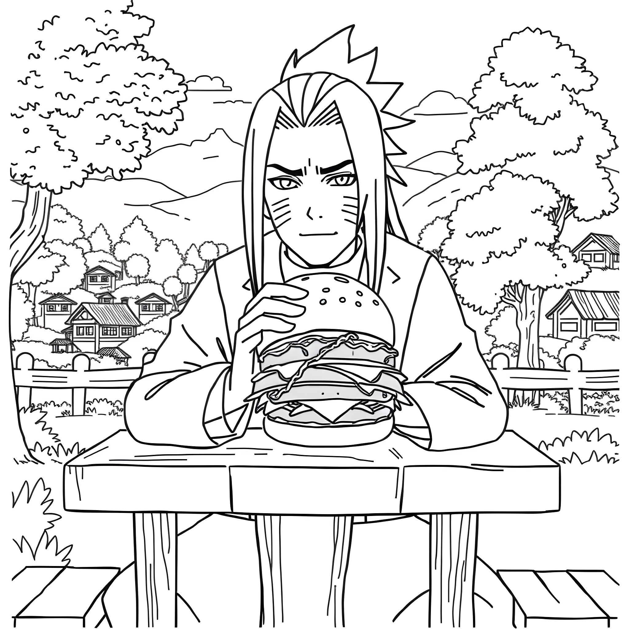 Hashirama Enjoying a Hearty Meal in Idyllic Surroundings Coloring Page (free black-and-white line drawing printable PDF for all, from beginners to advanced learners, including children, teens, adults, and seniors)