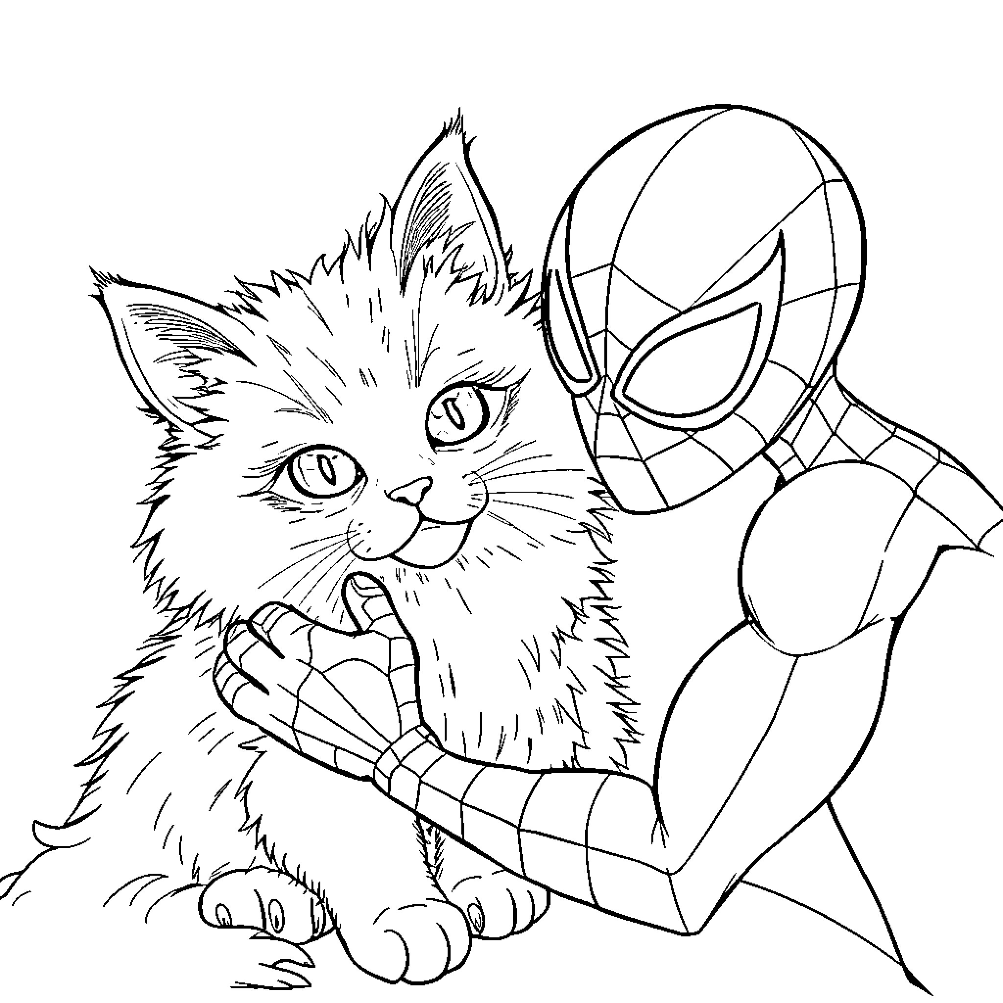 Spidey and the Curious Kitten Coloring Page (free black-and-white line drawing printable PDF for all, from beginners to advanced learners, including children, teens, adults, and seniors)