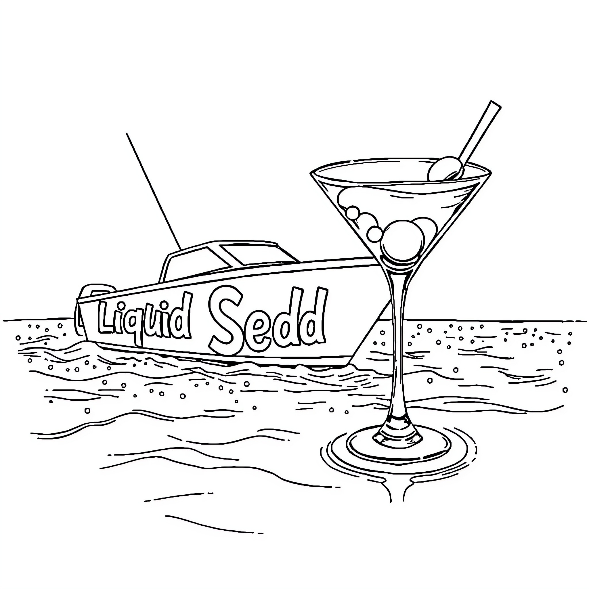 Boat with liquid soda in glass Coloring Page (free black-and-white line drawing printable PDF for all, from beginners to advanced learners, including children, teens, adults, and seniors)