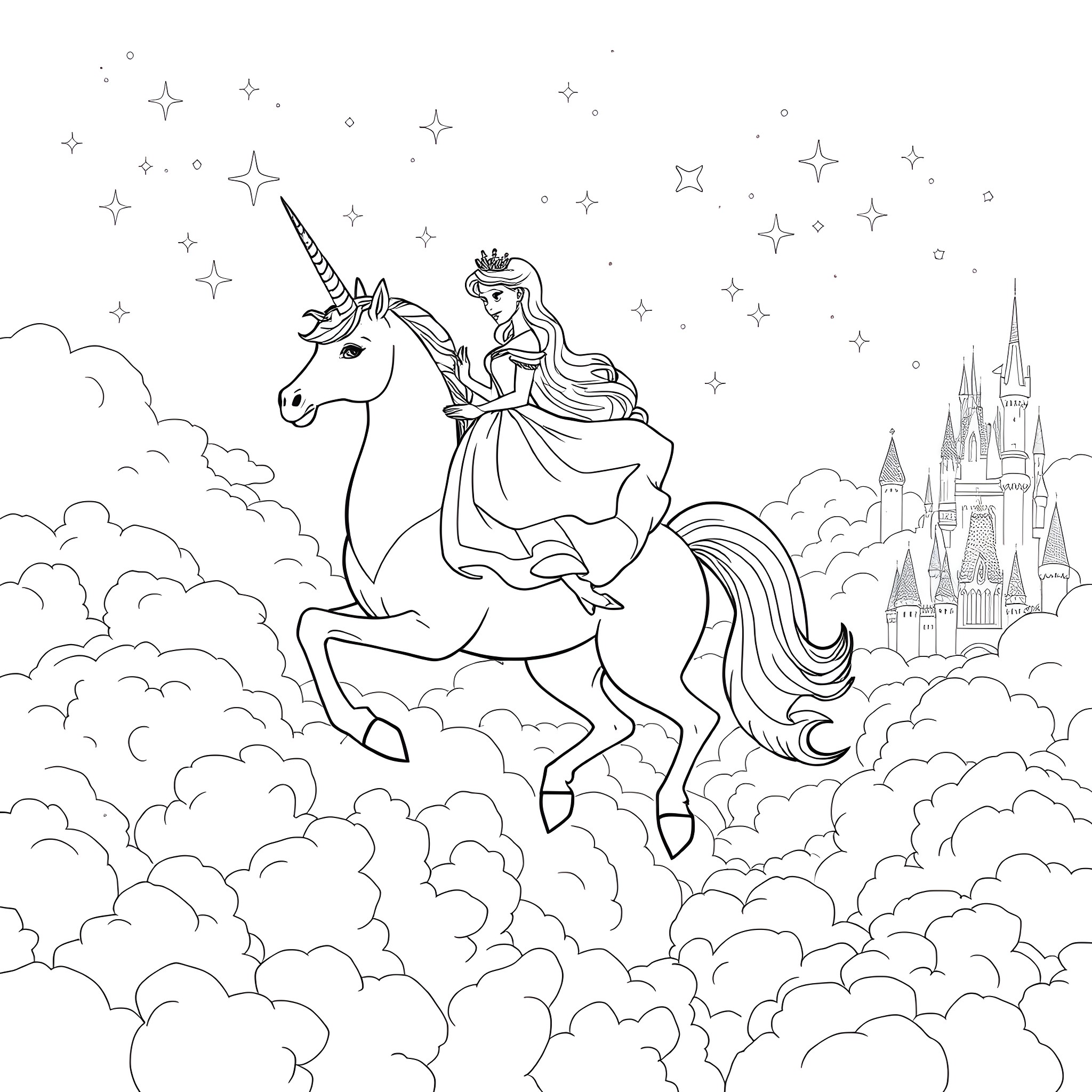 Princess riding majestic unicorn in enchanting fairy tale landscape Coloring Page (free black-and-white line drawing printable PDF for all, from beginners to advanced learners, including children, teens, adults, and seniors)