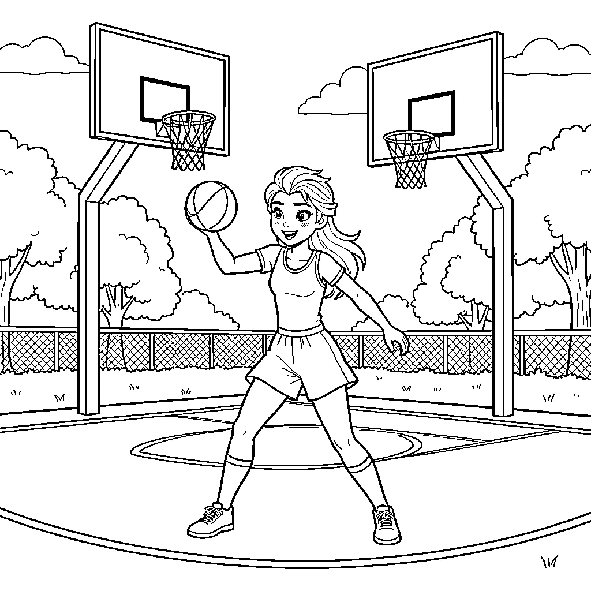 Elsa playing basketball on an outdoor court Coloring Page (free black-and-white line drawing printable PDF for all, from beginners to advanced learners, including children, teens, adults, and seniors)