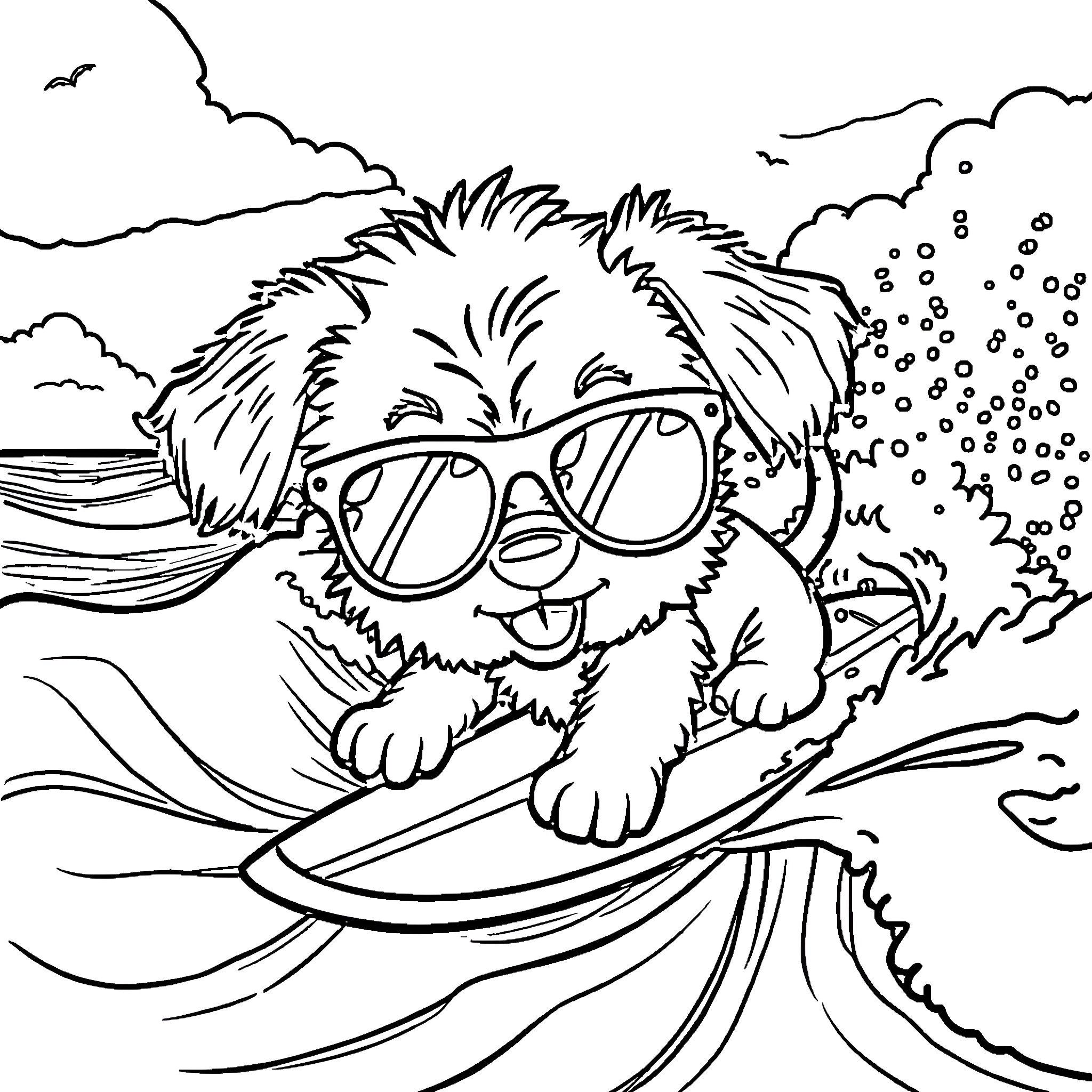 Puppy surfing on a wave with sunglasses Coloring Page (free black-and-white line drawing printable PDF for all, from beginners to advanced learners, including children, teens, adults, and seniors)