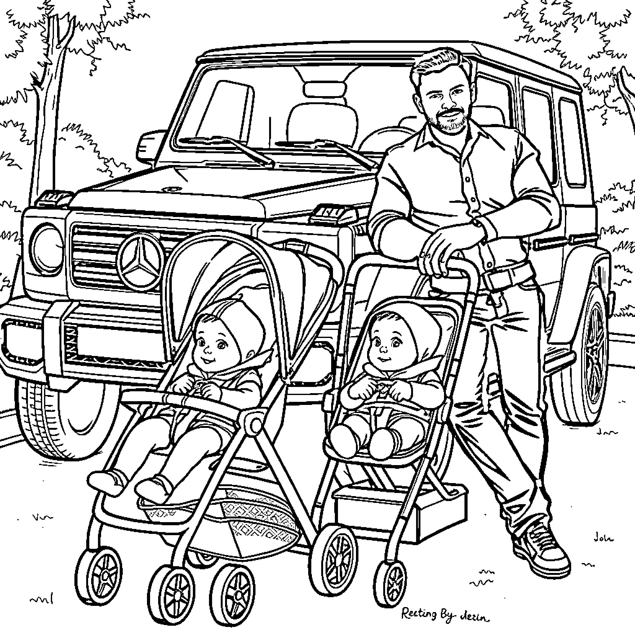 Baby enjoys outdoor adventure with family Coloring Page (free black-and-white line drawing printable PDF for all, from beginners to advanced learners, including children, teens, adults, and seniors)