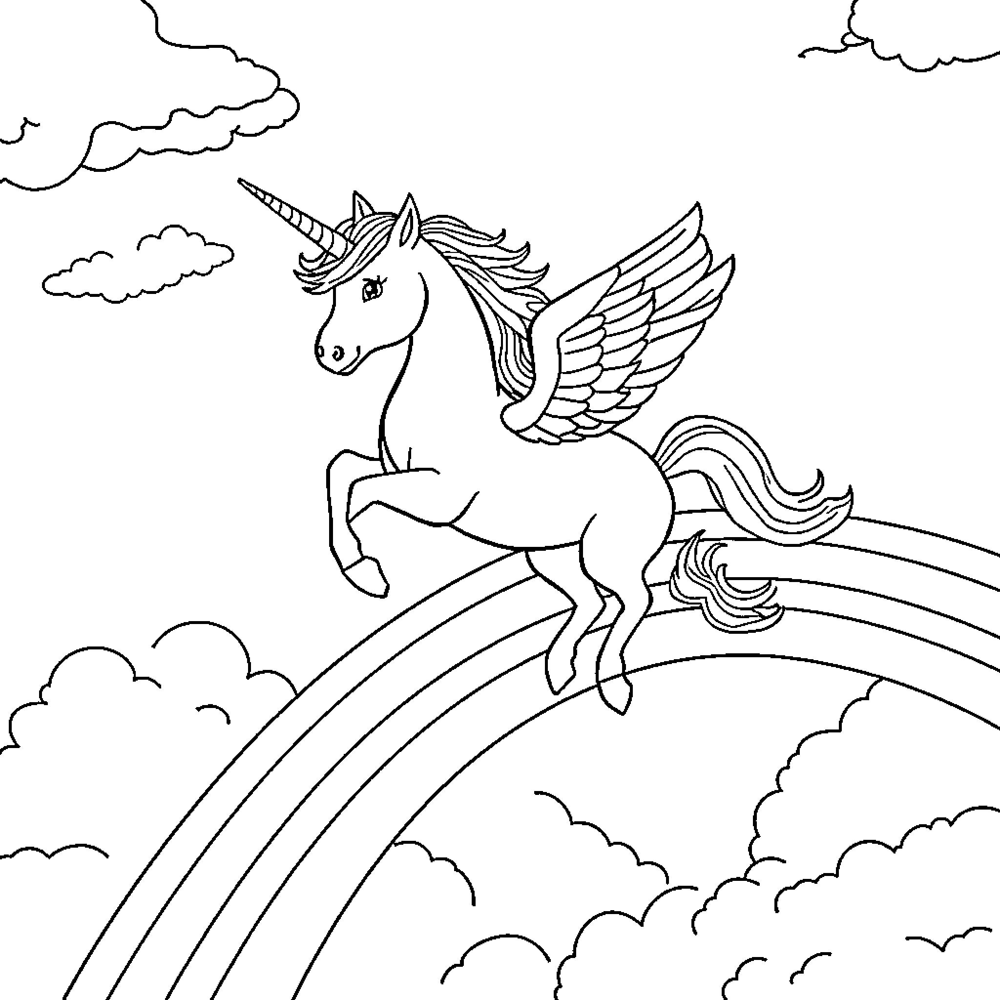 Unicorn soaring through cloudy skies Coloring Page (free black-and-white line drawing printable PDF for all, from beginners to advanced learners, including children, teens, adults, and seniors)