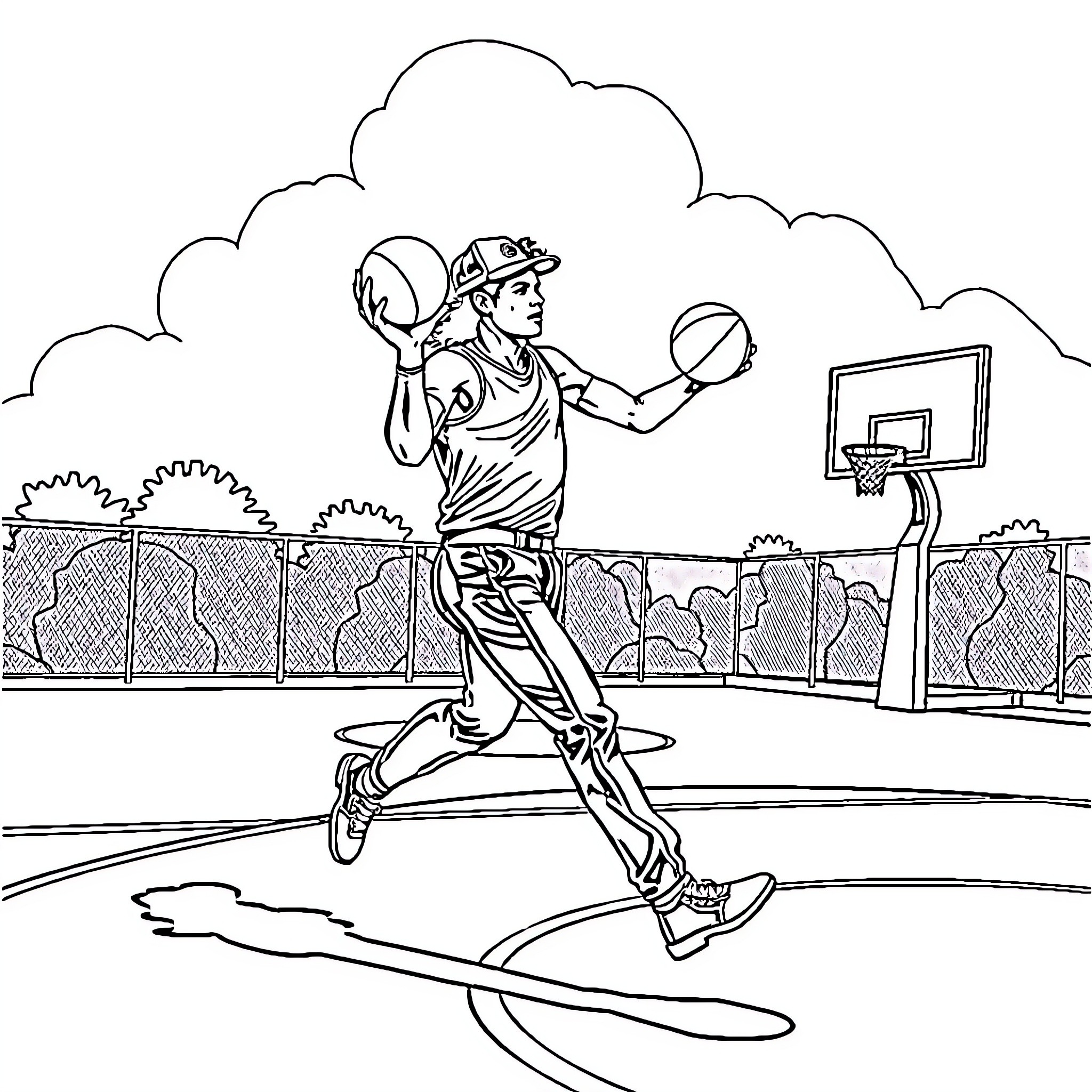 Michael Jackson playing basketball on the court Coloring Page (free black-and-white line drawing printable PDF for all, from beginners to advanced learners, including children, teens, adults, and seniors)