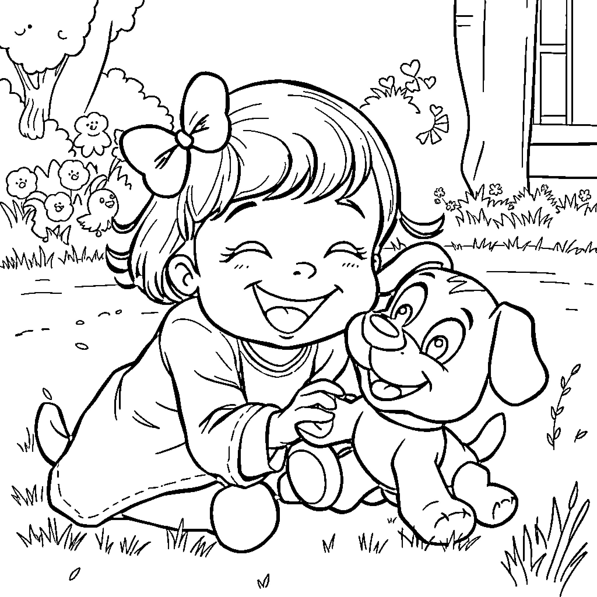 Charlotte Happily Playing with Her Puppy Friend Coloring Page (free black-and-white line drawing printable PDF for all, from beginners to advanced learners, including children, teens, adults, and seniors)