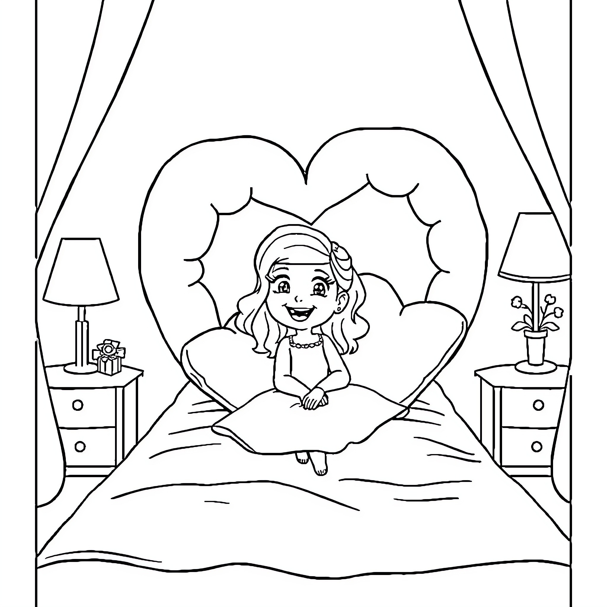 Heart-shaped Bed with Smiling Girl Coloring Page (free black-and-white line drawing printable PDF for all, from beginners to advanced learners, including children, teens, adults, and seniors)