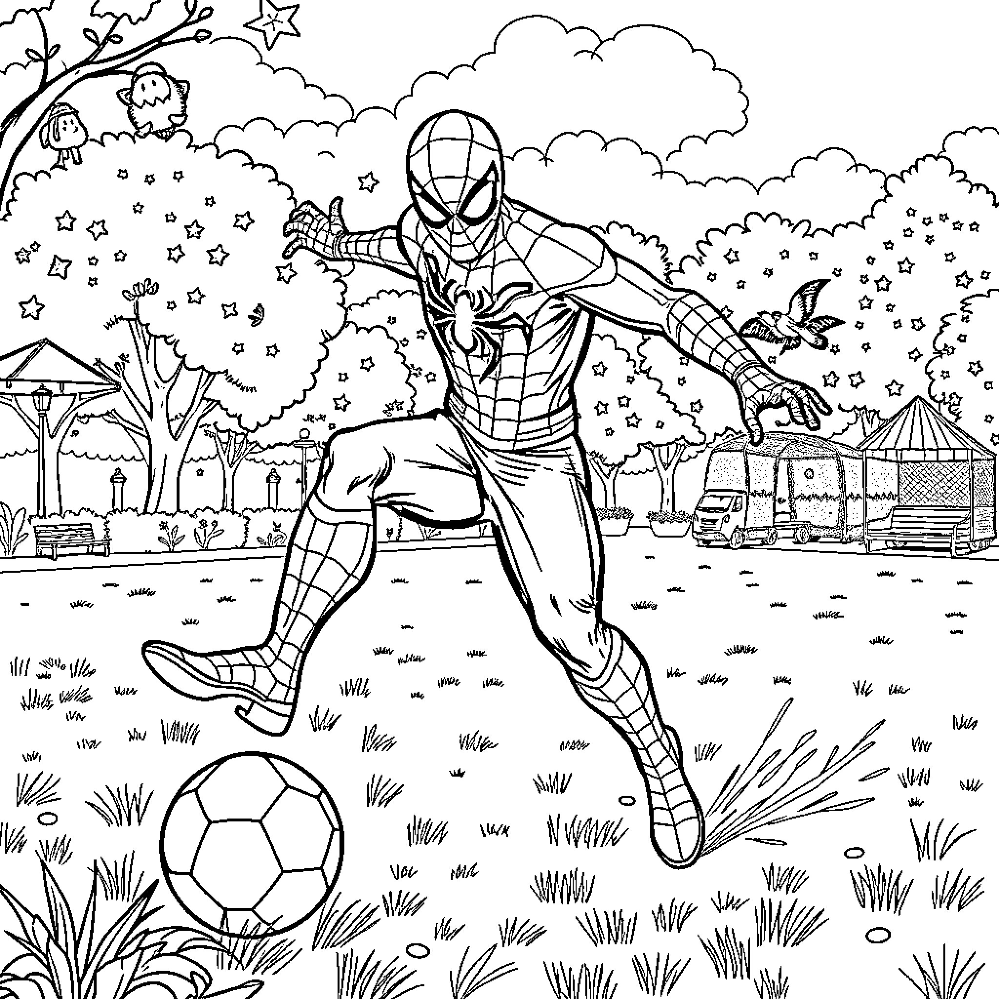 Spiderman playing soccer in the park Coloring Page (free black-and-white line drawing printable PDF for all, from beginners to advanced learners, including children, teens, adults, and seniors)