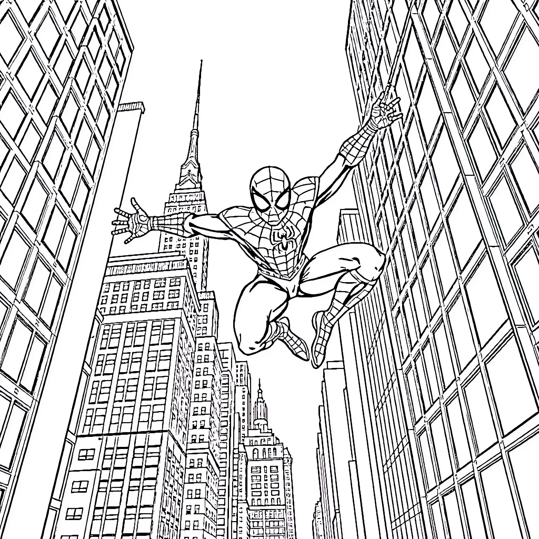 Spiderman swinging through the city skyline Coloring Page (free black-and-white line drawing printable PDF for all, from beginners to advanced learners, including children, teens, adults, and seniors)