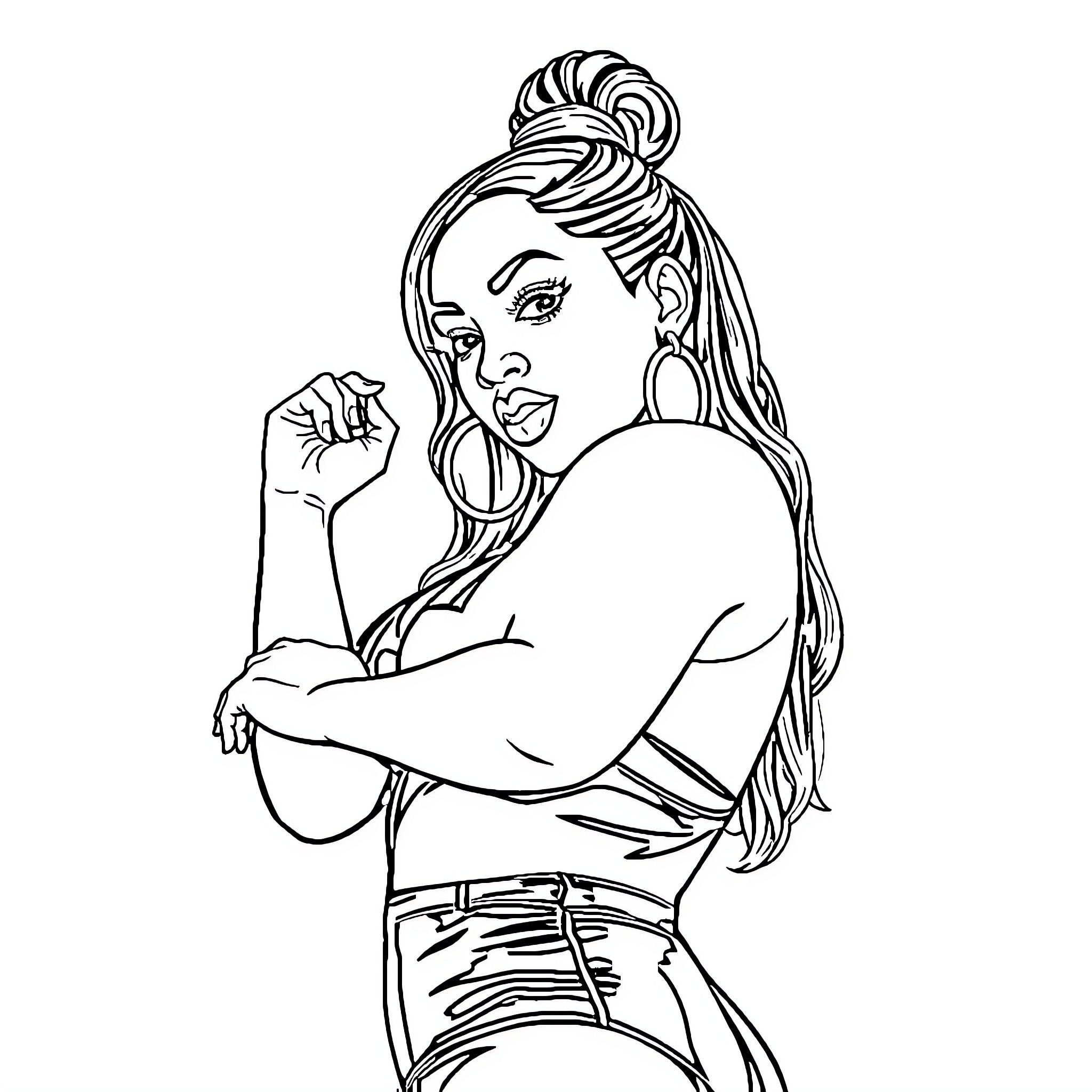 Nikki Minaj posing confidently in artistic illustration Coloring Page (free black-and-white line drawing printable PDF for all, from beginners to advanced learners, including children, teens, adults, and seniors)