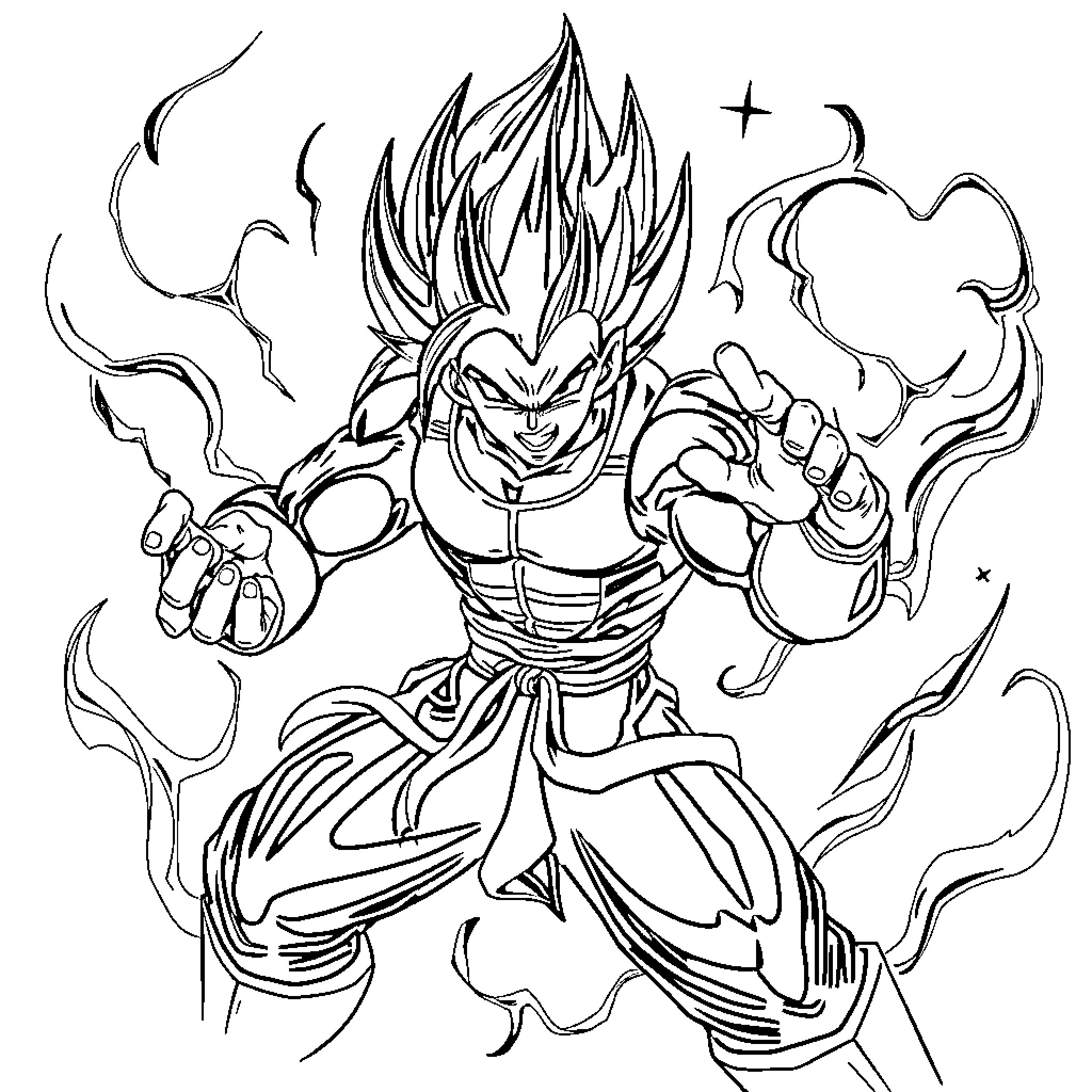 Vegeta unleashing powerful energy attack Coloring Page (free black-and-white line drawing printable PDF for all, from beginners to advanced learners, including children, teens, adults, and seniors)