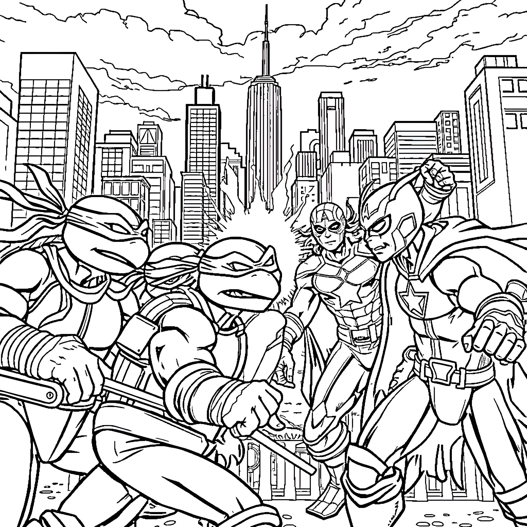 Teenage Mutant Ninja Turtles battle supervillains in the city Coloring Page (free black-and-white line drawing printable PDF for all, from beginners to advanced learners, including children, teens, adults, and seniors)