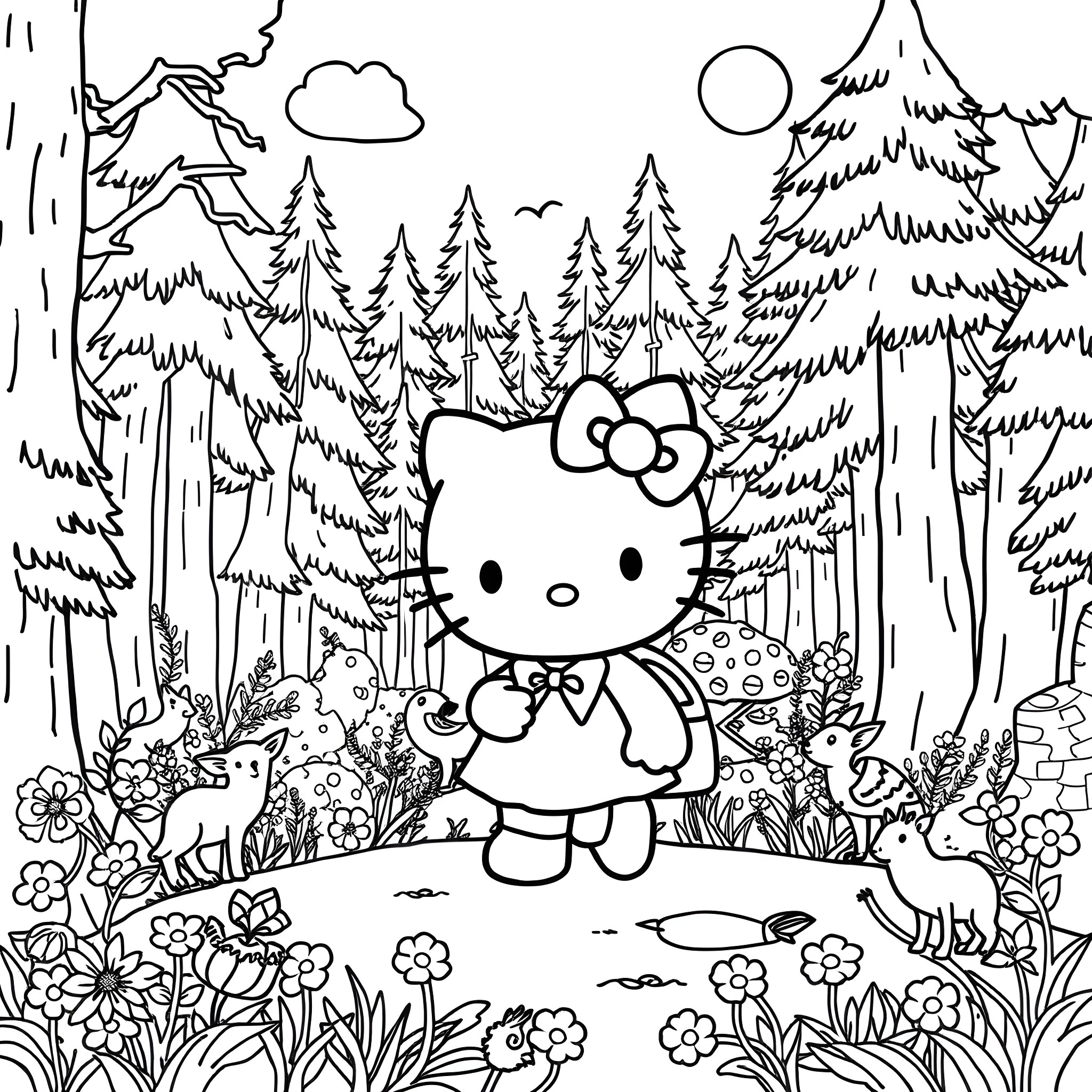 Hello Kitty explores the enchanting forest Coloring Page (free black-and-white line drawing printable PDF for all, from beginners to advanced learners, including children, teens, adults, and seniors)