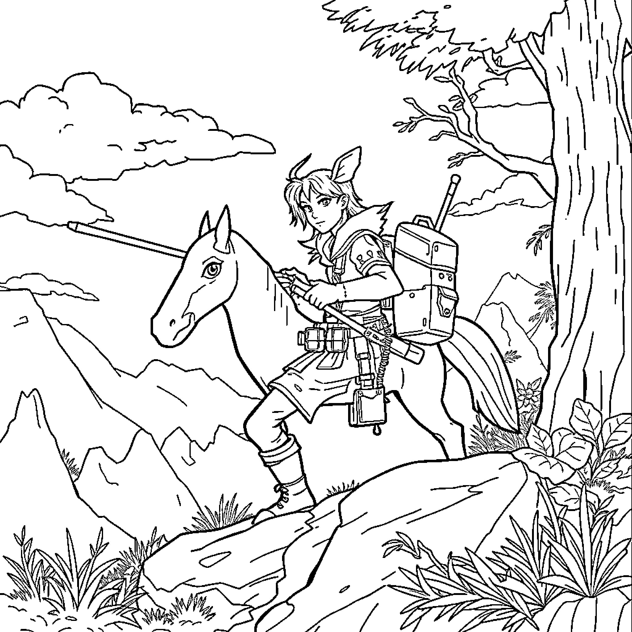 Huntrix's Adventure in the Wild Wilderness Coloring Page (free black-and-white line drawing printable PDF for all, from beginners to advanced learners, including children, teens, adults, and seniors)