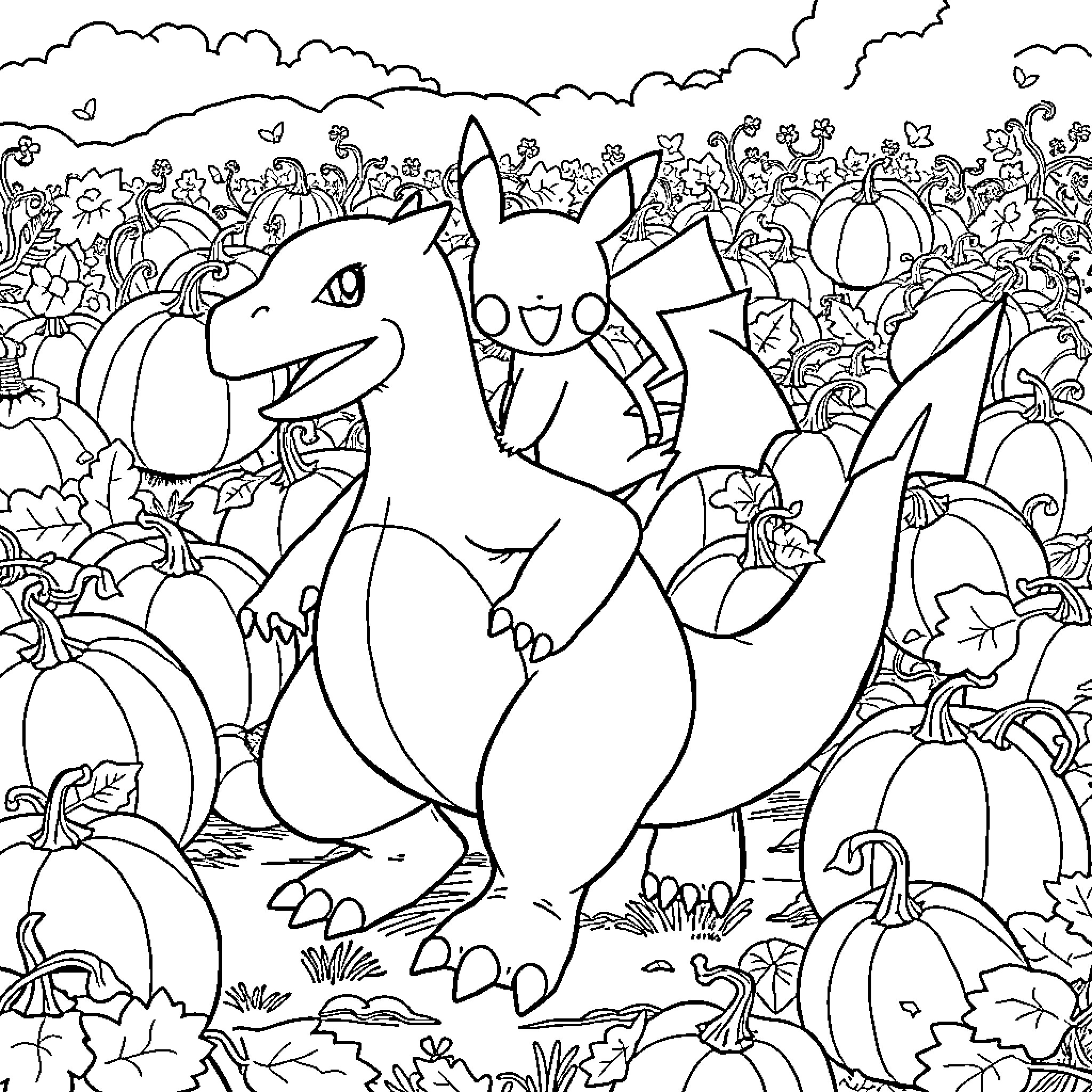 Pikachu and Charmander in a Pokemon Gathering Coloring Page (free black-and-white line drawing printable PDF for all, from beginners to advanced learners, including children, teens, adults, and seniors)