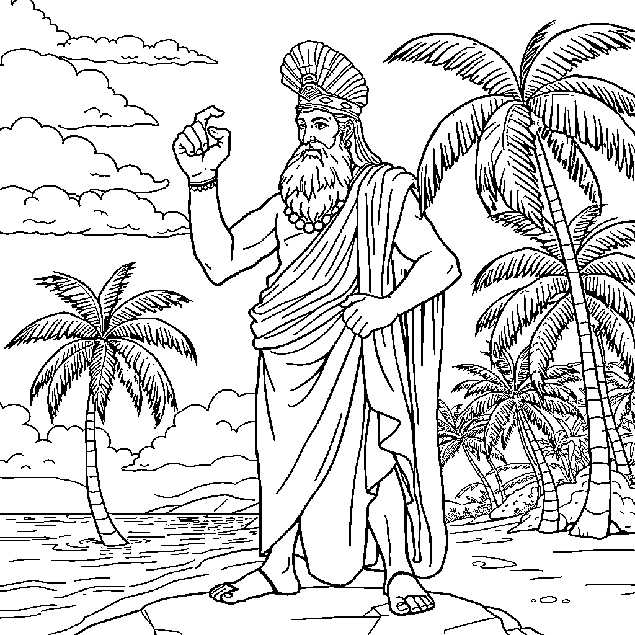 Aesop's Mythical Figure Contemplating in Paradise Coloring Page (free black-and-white line drawing printable PDF for all, from beginners to advanced learners, including children, teens, adults, and seniors)