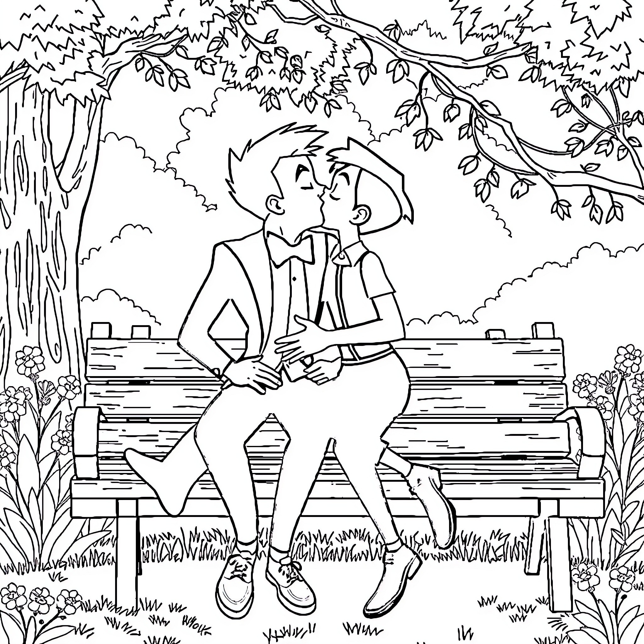 Danny Phantom's Romantic Stroll in a Serene Park Coloring Page (free black-and-white line drawing printable PDF for all, from beginners to advanced learners, including children, teens, adults, and seniors)