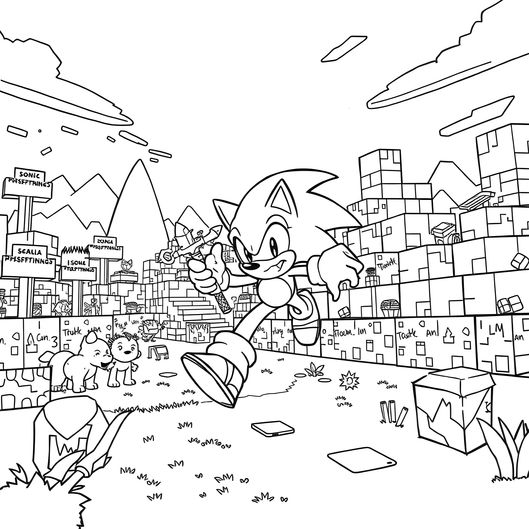 Sonic's Adventures in the Bustling City Coloring Page (free black-and-white line drawing printable PDF for all, from beginners to advanced learners, including children, teens, adults, and seniors)
