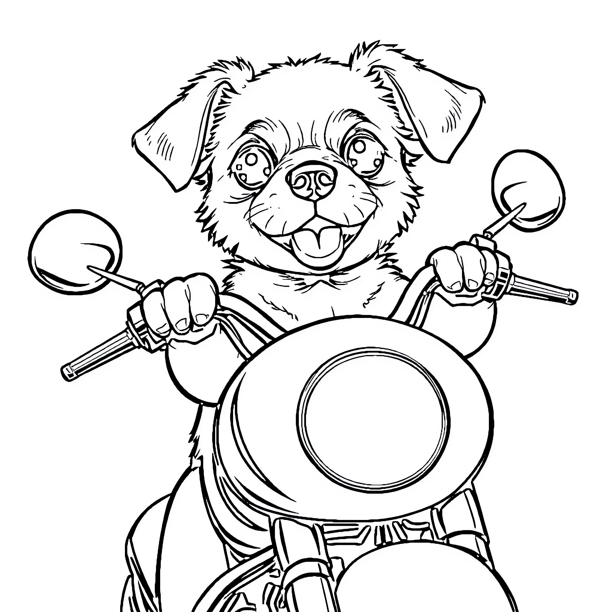 Dog riding a motorcycle with excitement Coloring Page (free black-and-white line drawing printable PDF for all, from beginners to advanced learners, including children, teens, adults, and seniors)