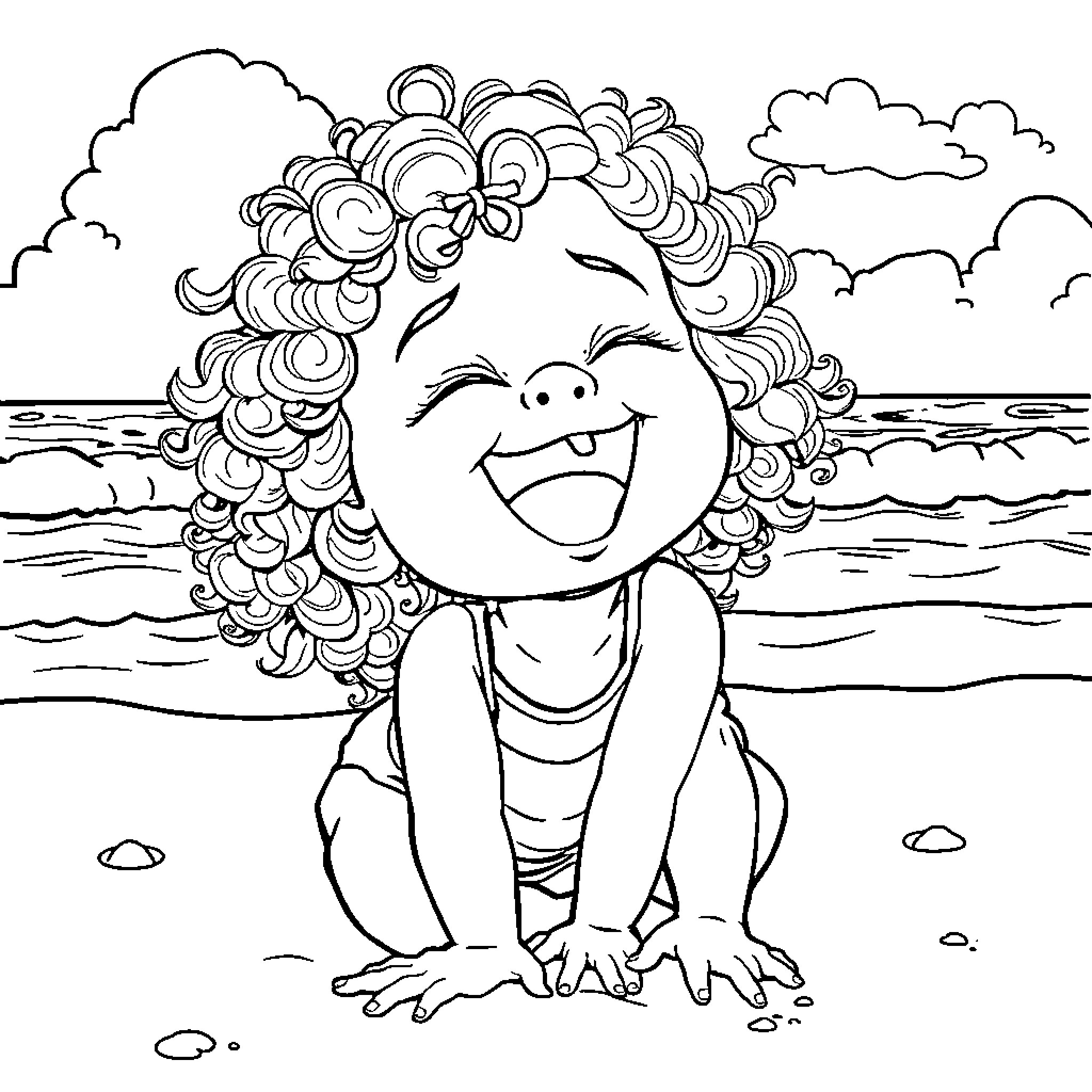 Baby Girl Playing Happily on the Beach Coloring Page (free black-and-white line drawing printable PDF for all, from beginners to advanced learners, including children, teens, adults, and seniors)