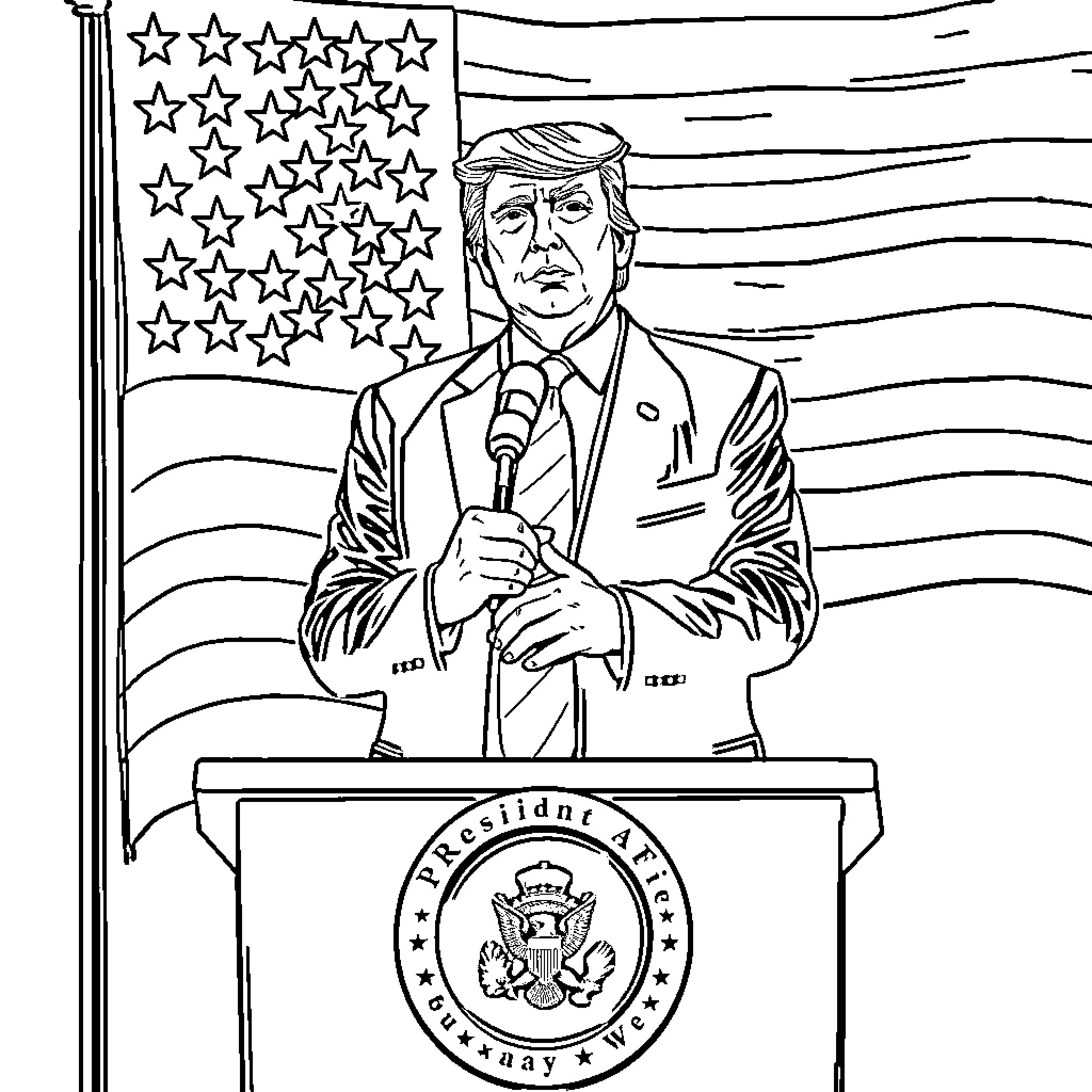 Trump Speaking Confidently on Stage with American Flag Coloring Page (free black-and-white line drawing printable PDF for all, from beginners to advanced learners, including children, teens, adults, and seniors)