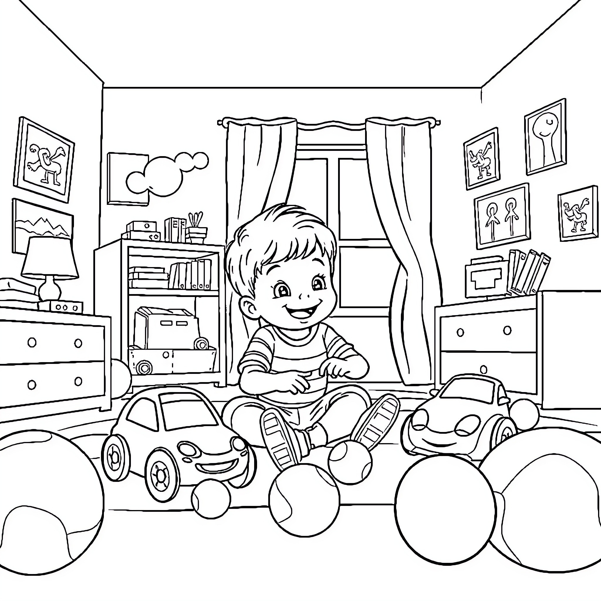Boy playing happily with toy cars in his bedroom Coloring Page (free black-and-white line drawing printable PDF for all, from beginners to advanced learners, including children, teens, adults, and seniors)