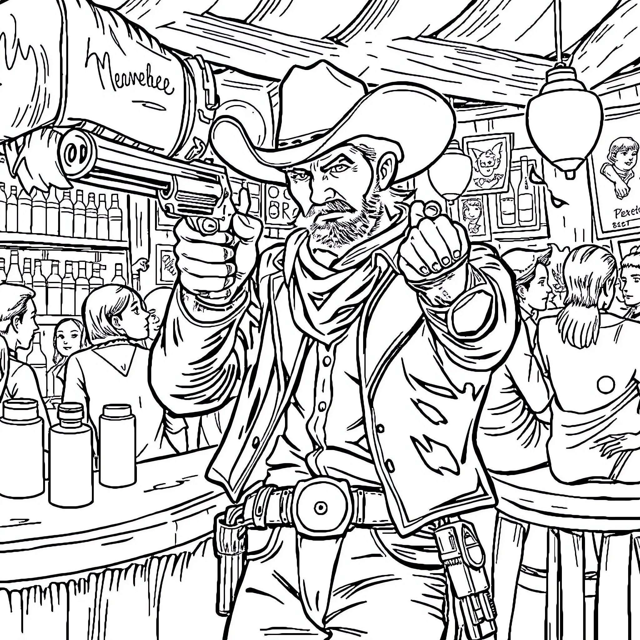 Vaquero in a Wild West Showdown Coloring Page (free black-and-white line drawing printable PDF for all, from beginners to advanced learners, including children, teens, adults, and seniors)