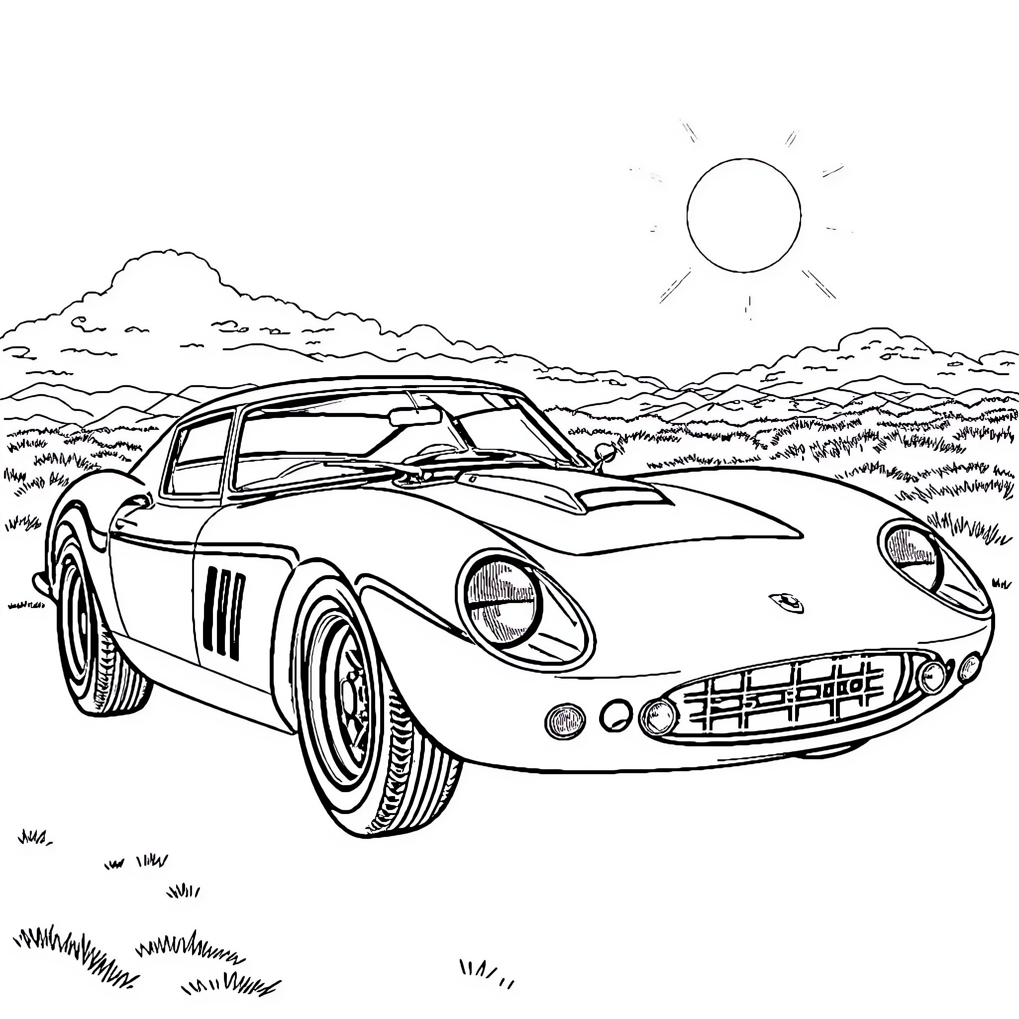 Ferrari sports car racing through the countryside Coloring Page (free black-and-white line drawing printable PDF for all, from beginners to advanced learners, including children, teens, adults, and seniors)