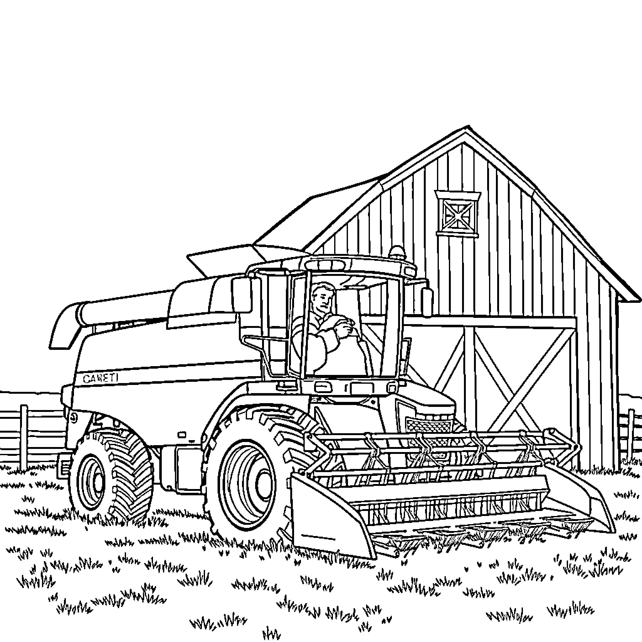 Tractor harvesting crops near a wooden barn Coloring Page (free black-and-white line drawing printable PDF for all, from beginners to advanced learners, including children, teens, adults, and seniors)