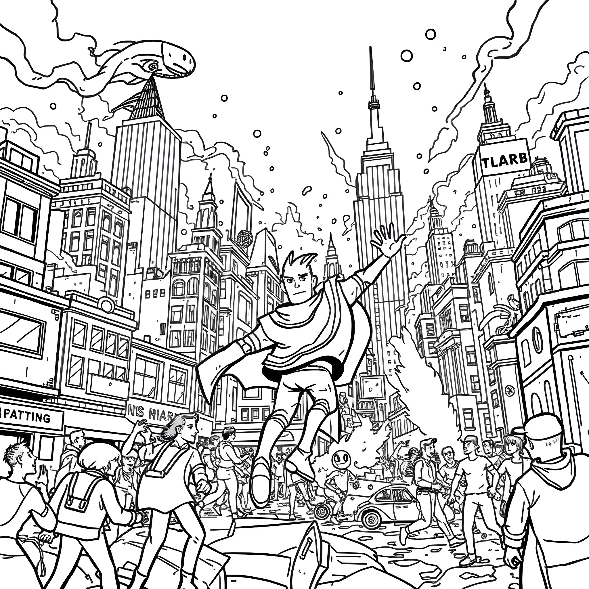 Alien hero soaring over the bustling city Coloring Page (free black-and-white line drawing printable PDF for all, from beginners to advanced learners, including children, teens, adults, and seniors)