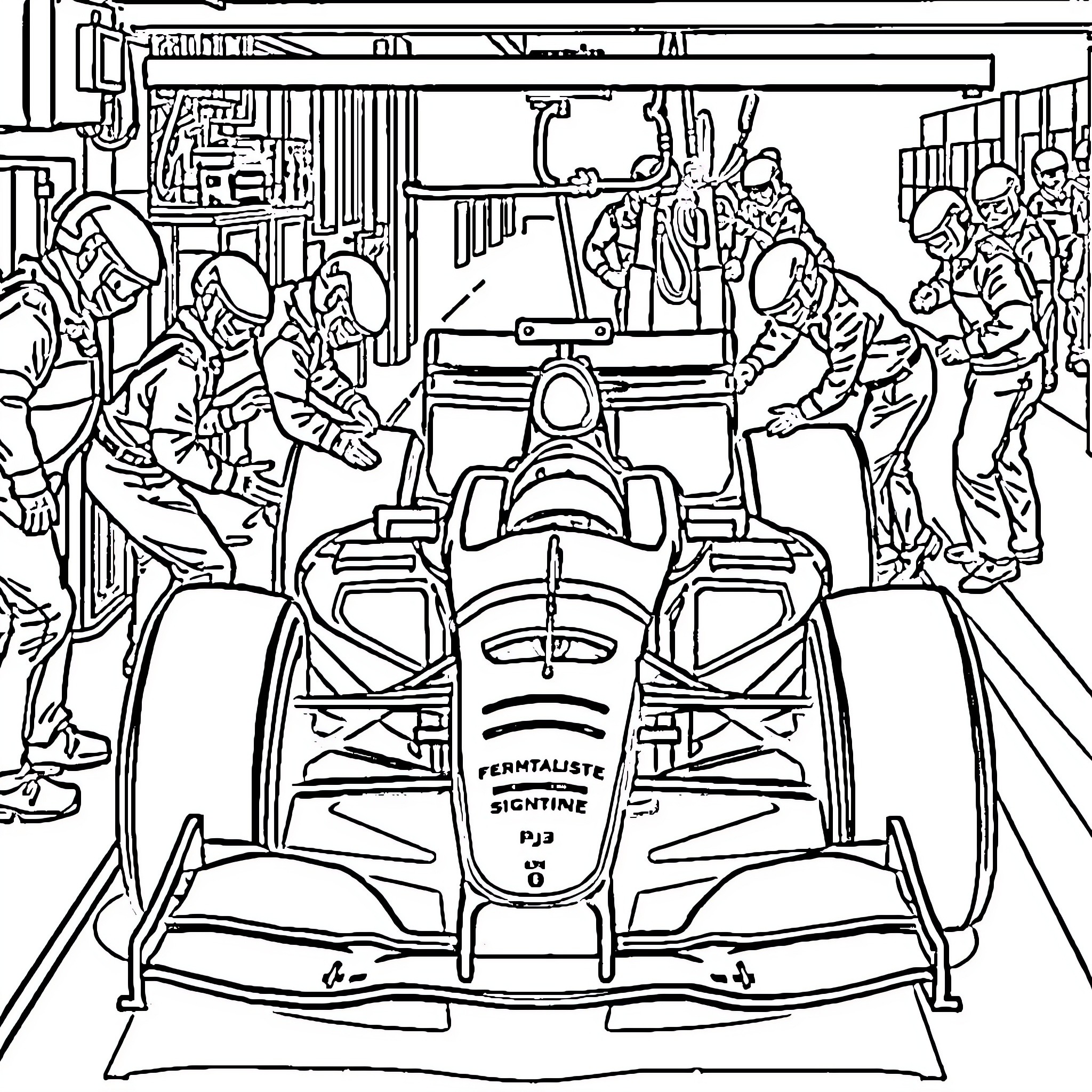 Formula One Car in the Pit Stop Coloring Page (free black-and-white line drawing printable PDF for all, from beginners to advanced learners, including children, teens, adults, and seniors)