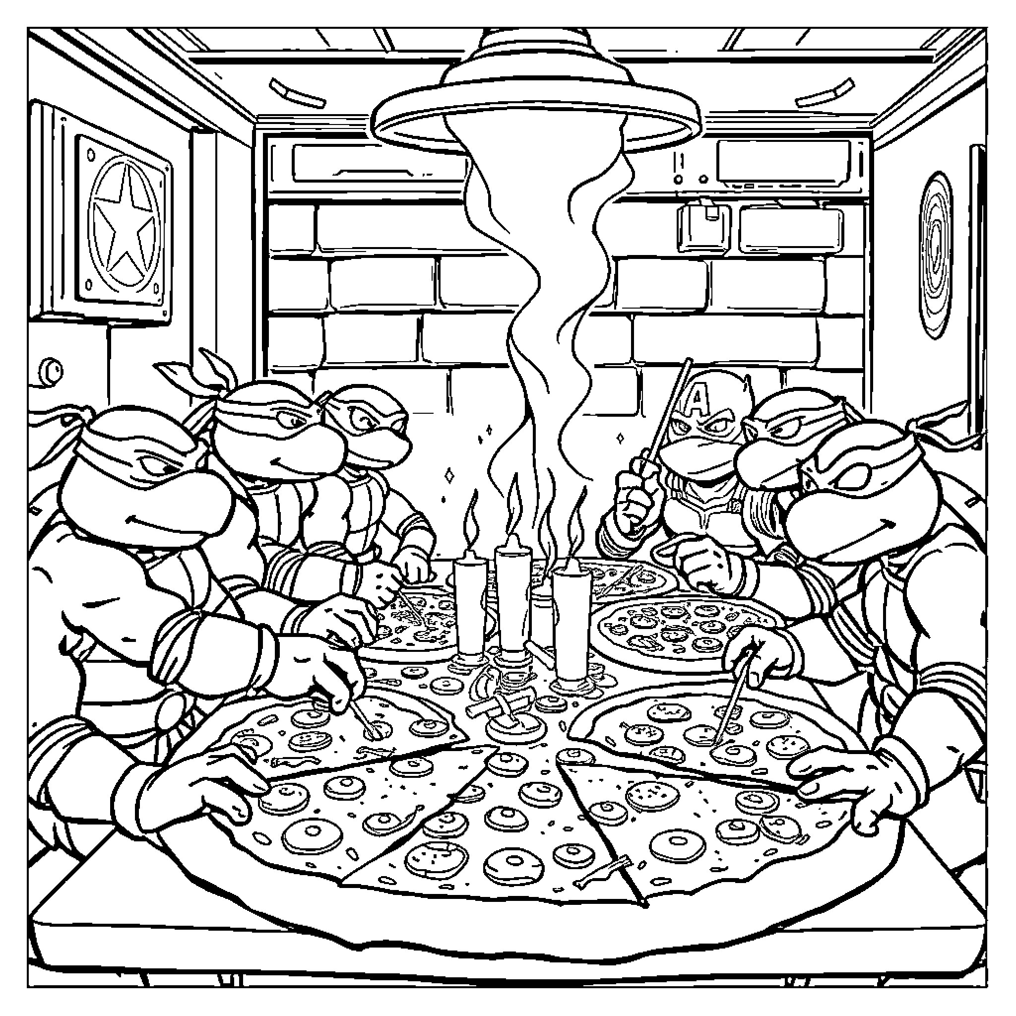 Ninja Turtles Enjoying a Pizza Party Coloring Page (free black-and-white line drawing printable PDF for all, from beginners to advanced learners, including children, teens, adults, and seniors)