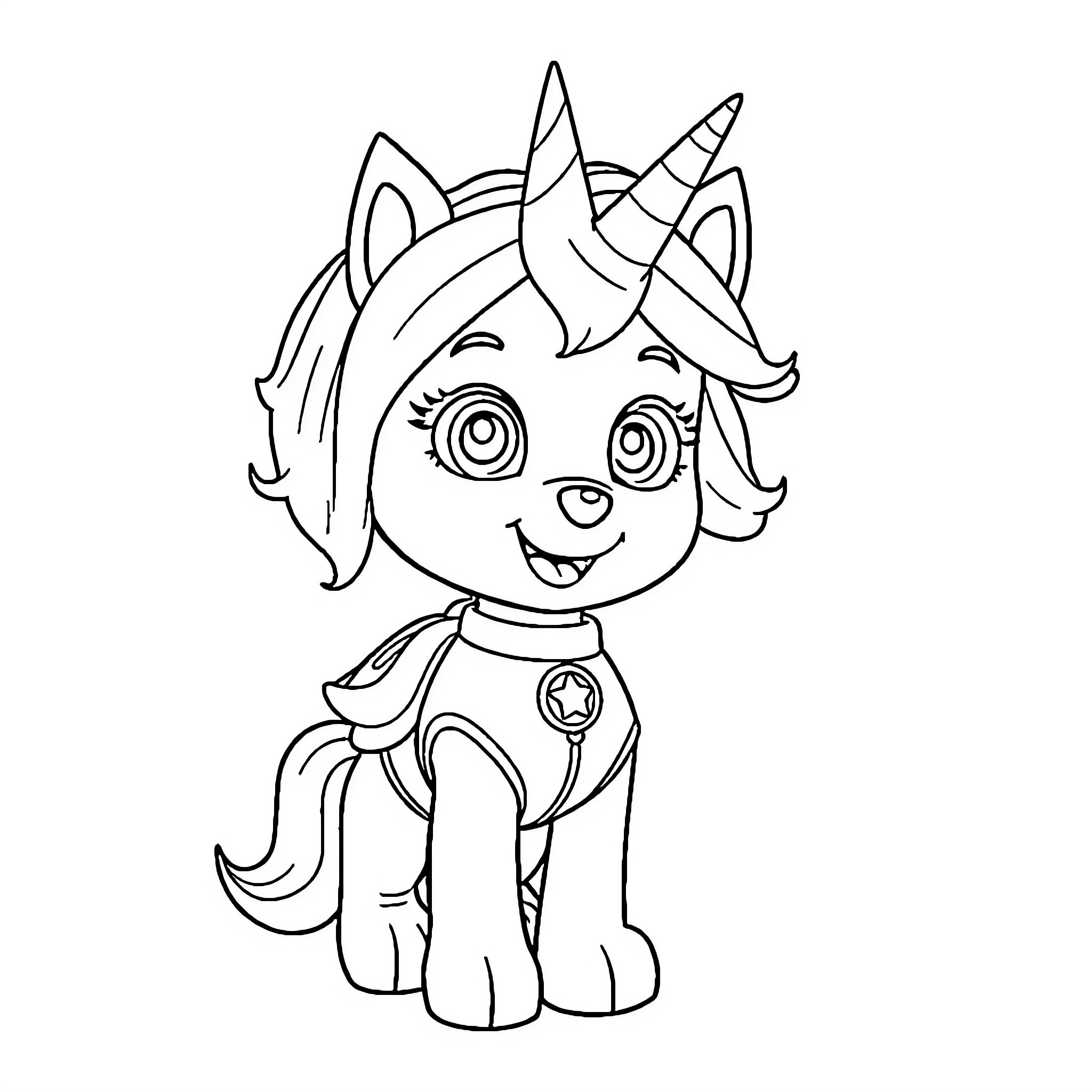 Stella the unicorn pup with a happy expression Coloring Page (free black-and-white line drawing printable PDF for all, from beginners to advanced learners, including children, teens, adults, and seniors)
