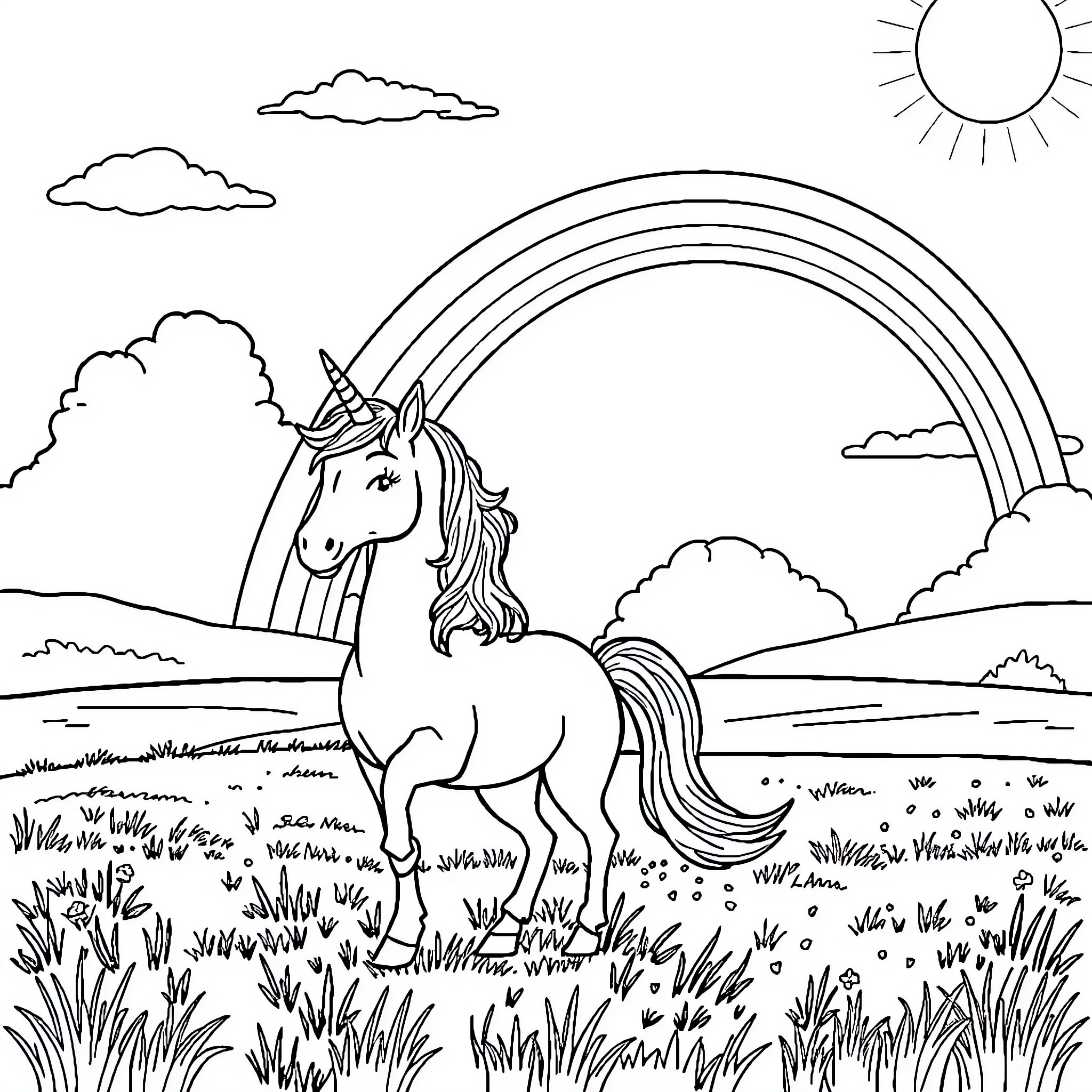 Unicorn enjoying a peaceful day in the meadow Coloring Page (free black-and-white line drawing printable PDF for all, from beginners to advanced learners, including children, teens, adults, and seniors)