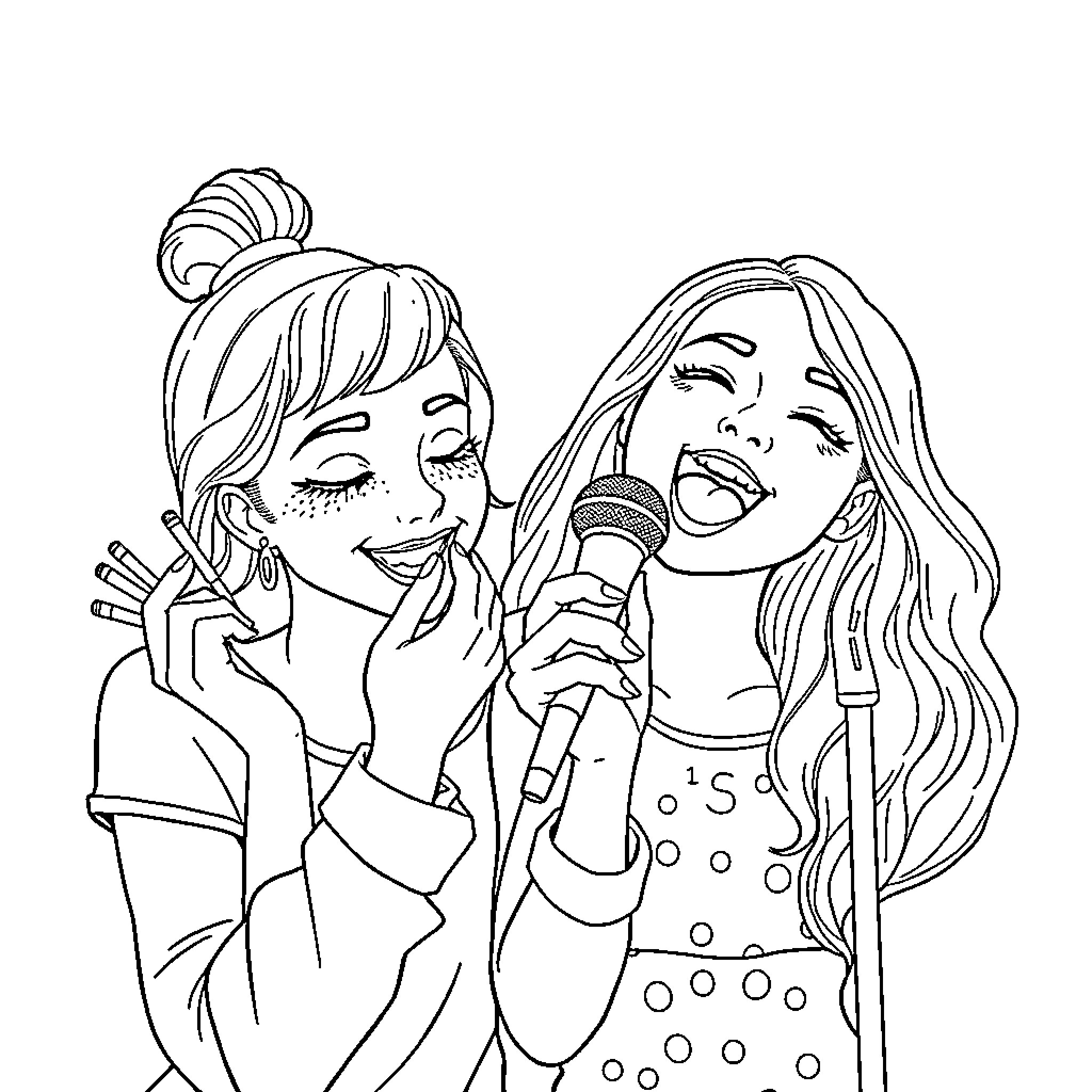 Girls singing and performing on stage Coloring Page (free black-and-white line drawing printable PDF for all, from beginners to advanced learners, including children, teens, adults, and seniors)