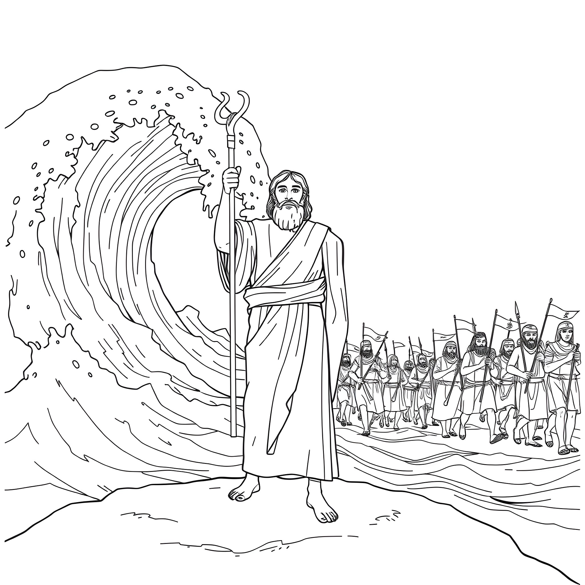 Moses parting the Red Sea with his people following Coloring Page (free black-and-white line drawing printable PDF for all, from beginners to advanced learners, including children, teens, adults, and seniors)