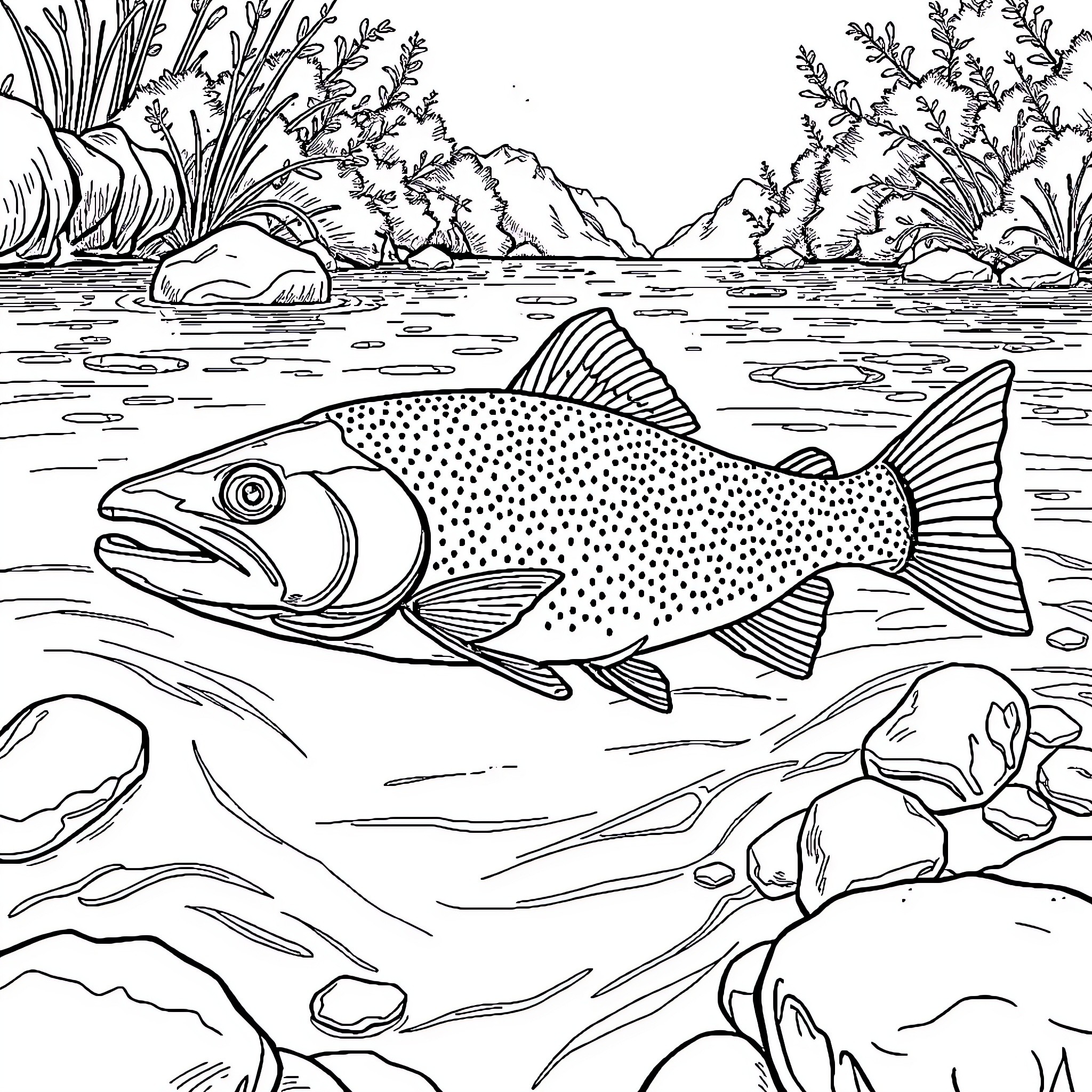 Trout swimming in a serene underwater landscape Coloring Page (free black-and-white line drawing printable PDF for all, from beginners to advanced learners, including children, teens, adults, and seniors)