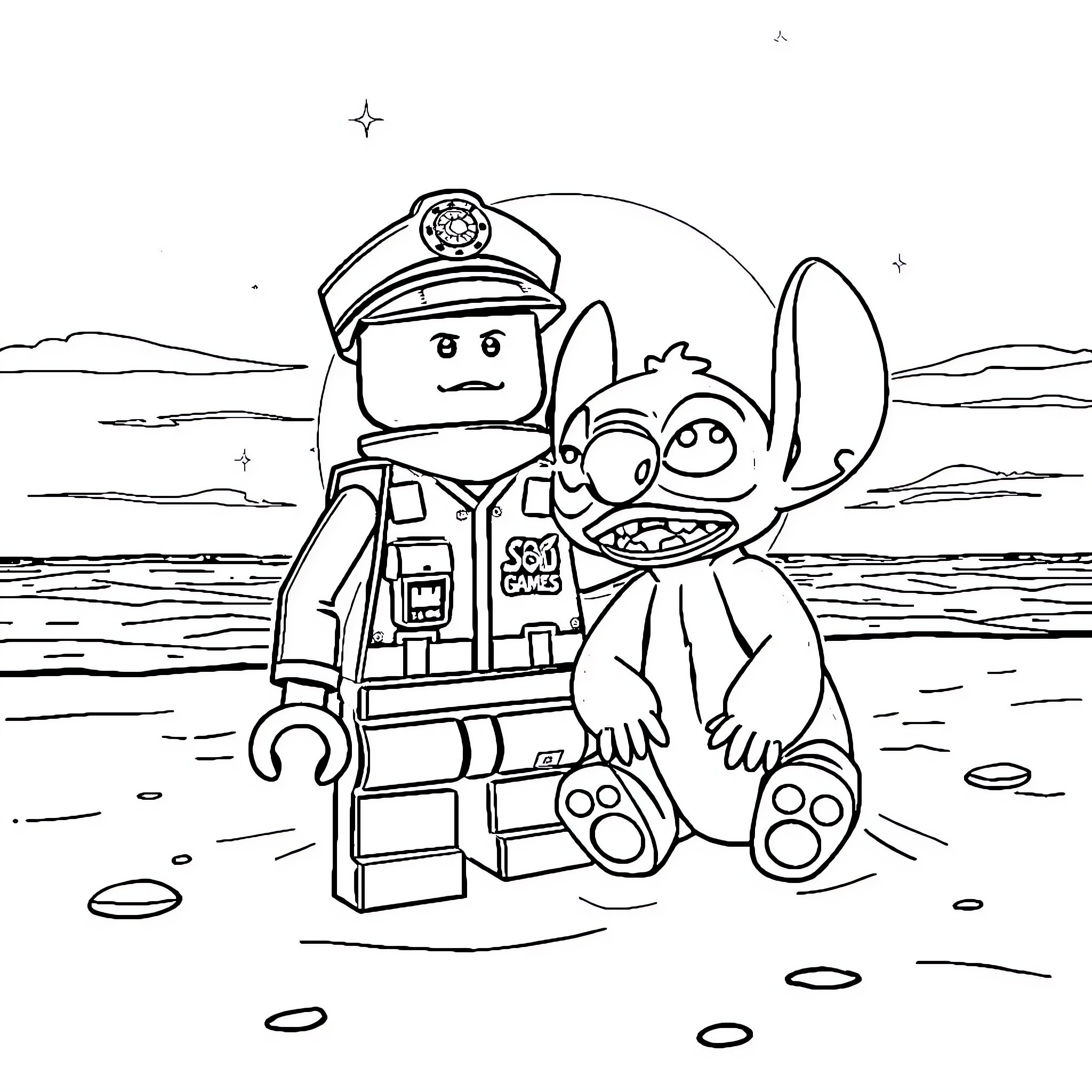 Squid Games Guard with Stitch in the Snowy Landscape Coloring Page (free black-and-white line drawing printable PDF for all, from beginners to advanced learners, including children, teens, adults, and seniors)