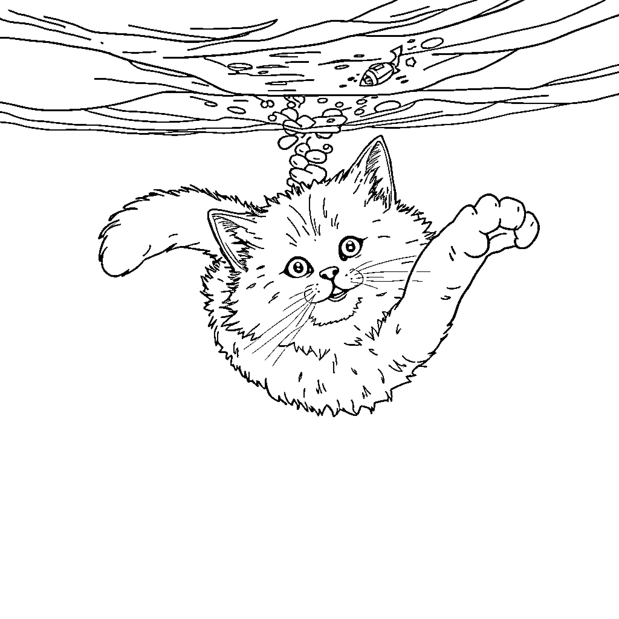 Cat playing playfully in the water Coloring Page (free black-and-white line drawing printable PDF for all, from beginners to advanced learners, including children, teens, adults, and seniors)