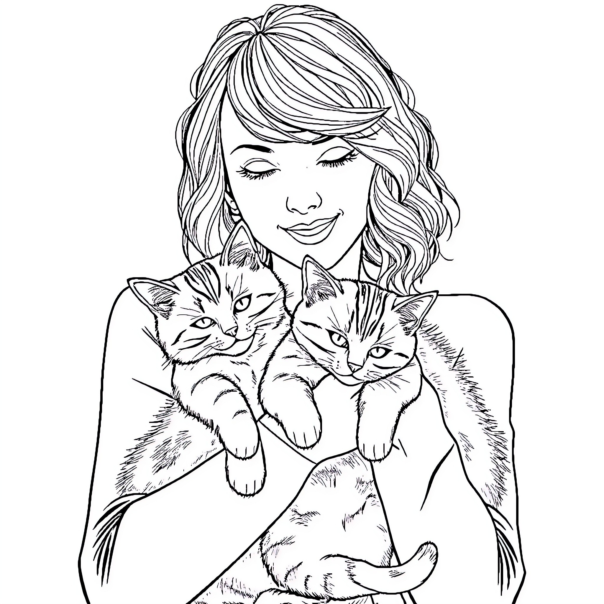 Taylor Swift posing with adorable cats Coloring Page (free black-and-white line drawing printable PDF for all, from beginners to advanced learners, including children, teens, adults, and seniors)