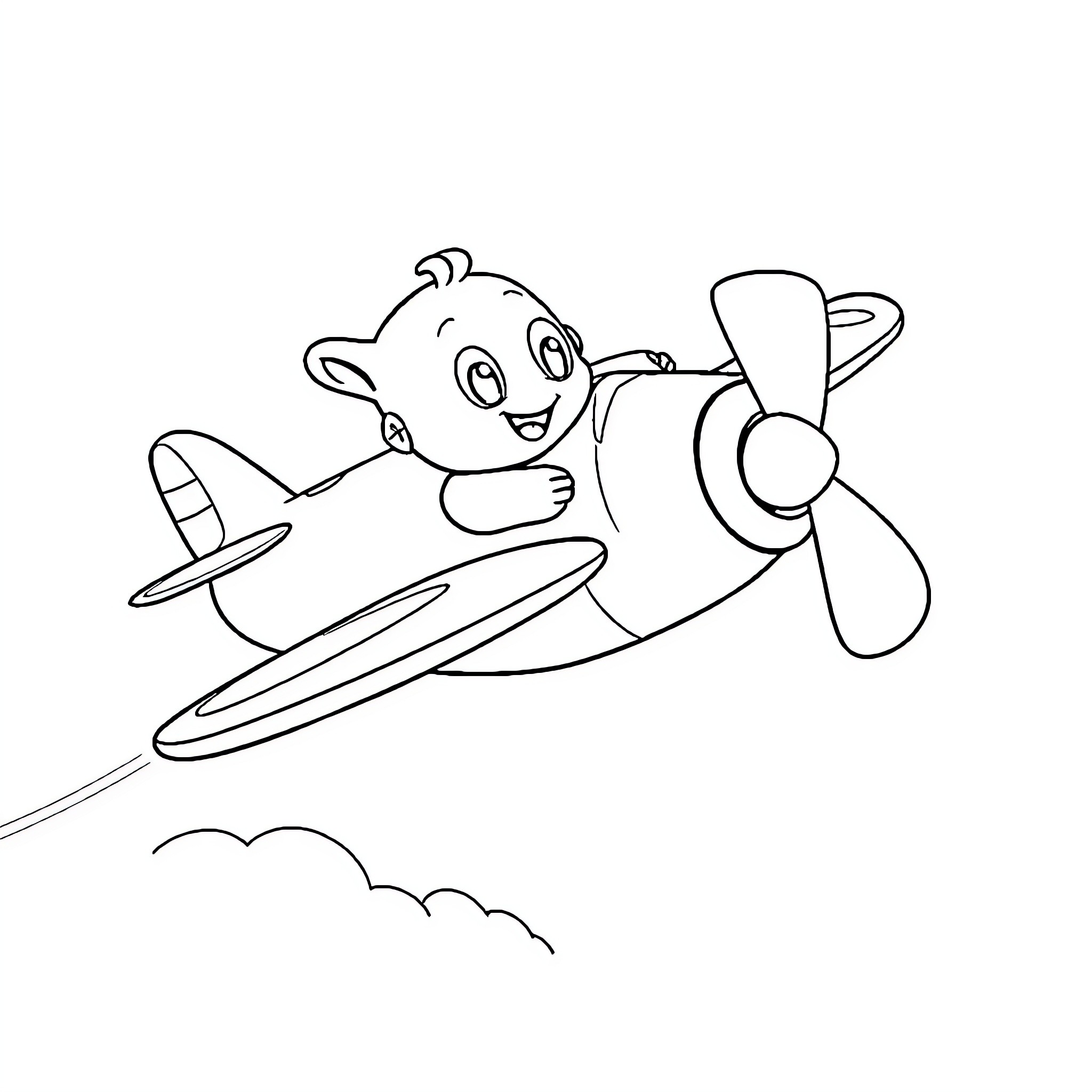 Bluey flying a toy airplane happily Coloring Page (free black-and-white line drawing printable PDF for all, from beginners to advanced learners, including children, teens, adults, and seniors)