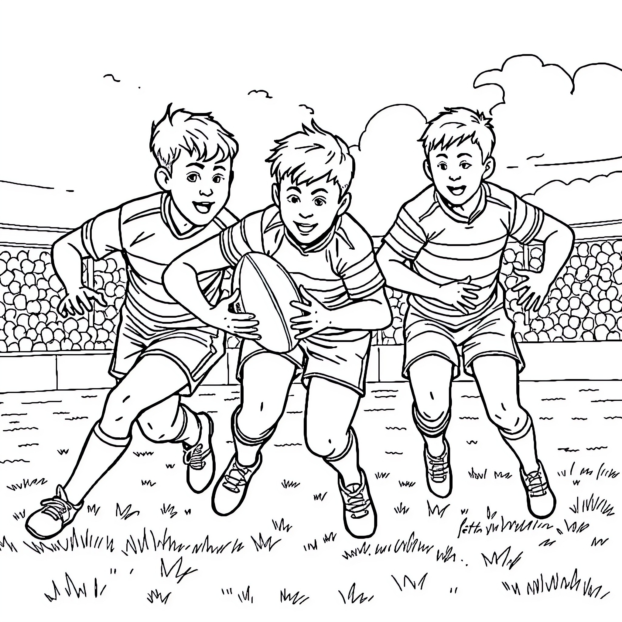 Rugby players in action on the field Coloring Page (free black-and-white line drawing printable PDF for all, from beginners to advanced learners, including children, teens, adults, and seniors)