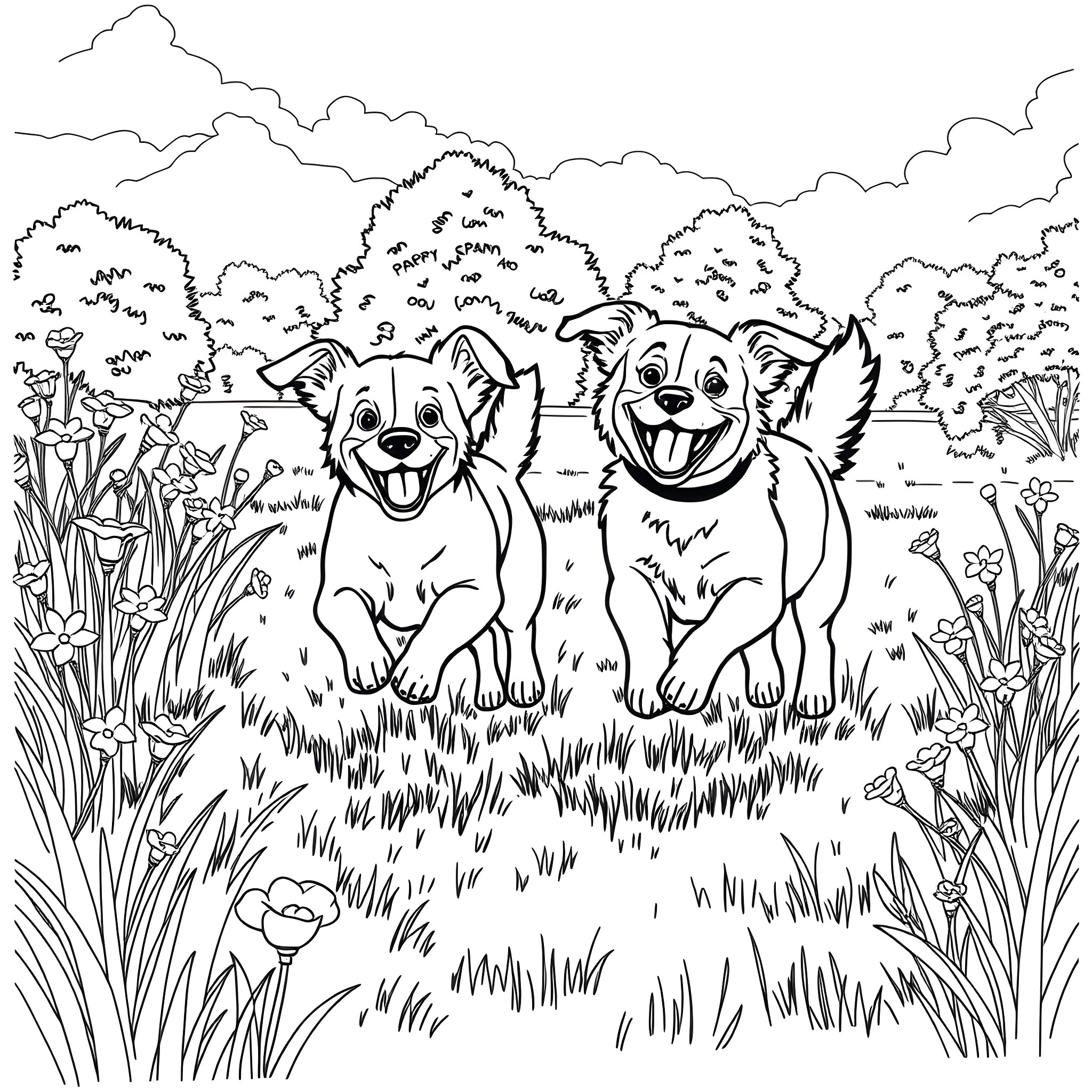 Dogs playing happily in the park Coloring Page (free black-and-white line drawing printable PDF for all, from beginners to advanced learners, including children, teens, adults, and seniors)