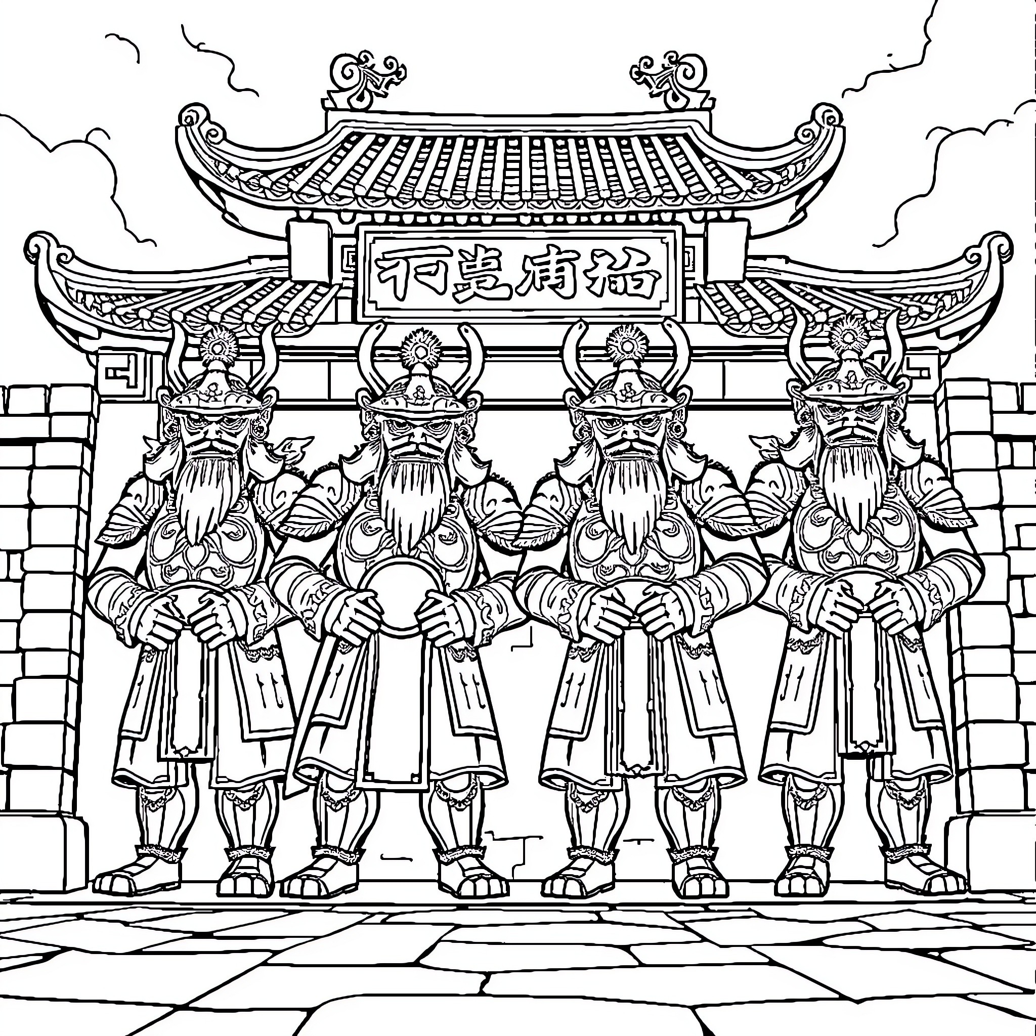 Gate Guardian: Mythical Figures Guarding Ornate Palace Entrance Coloring Page (free black-and-white line drawing printable PDF for all, from beginners to advanced learners, including children, teens, adults, and seniors)