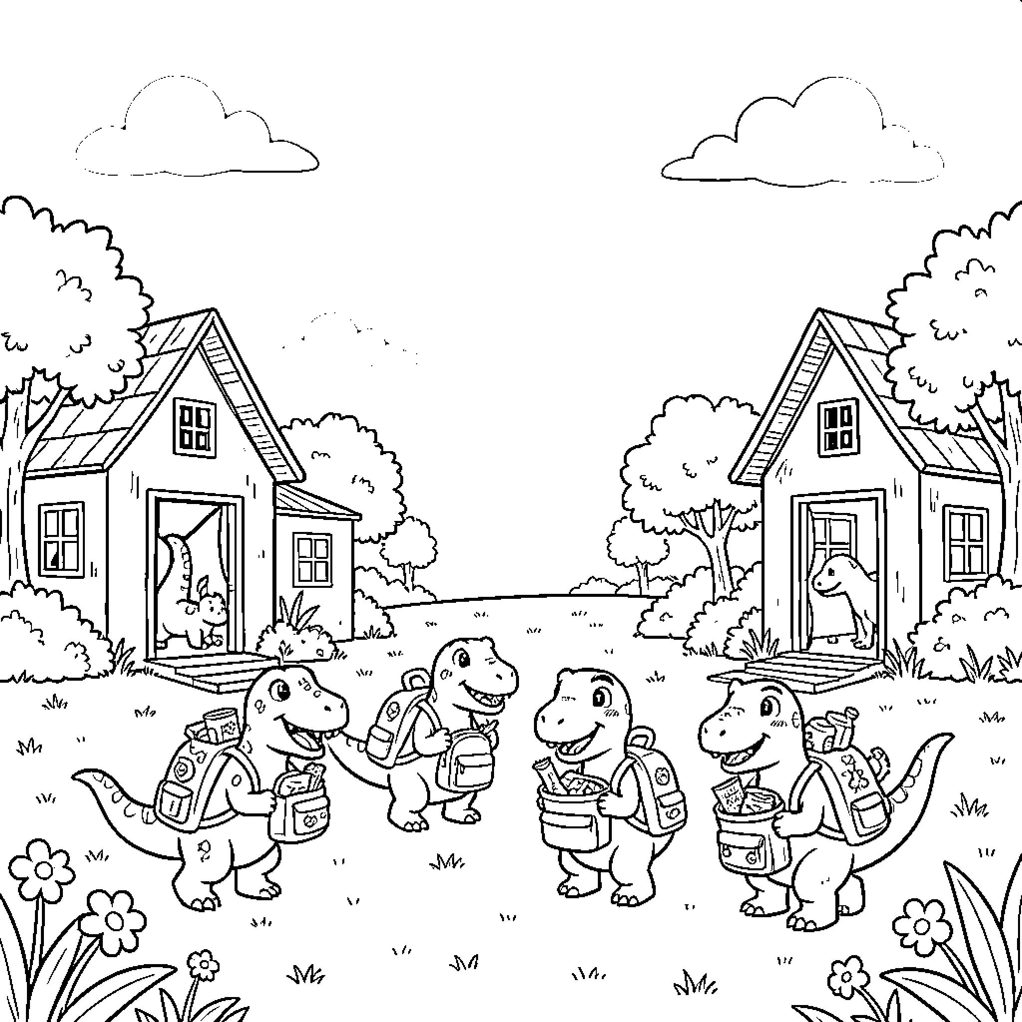 Dinosaur friends explore the neighborhood Coloring Page (free black-and-white line drawing printable PDF for all, from beginners to advanced learners, including children, teens, adults, and seniors)
