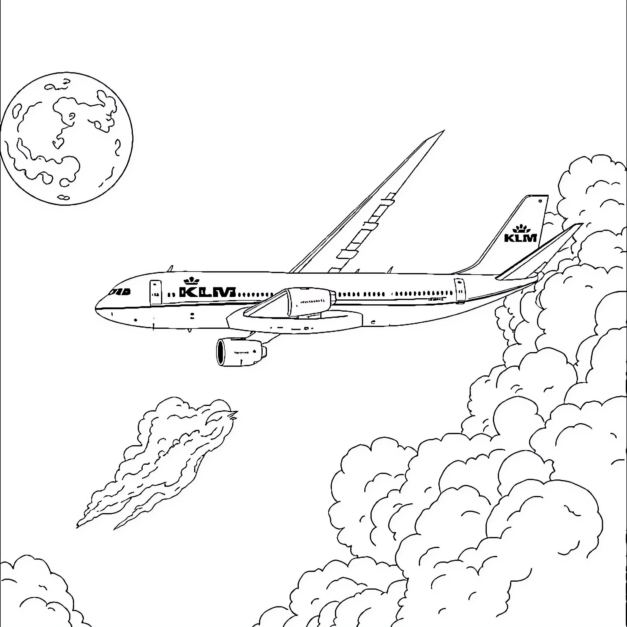 Airplane taking off into the cloudy sky Coloring Page (free black-and-white line drawing printable PDF for all, from beginners to advanced learners, including children, teens, adults, and seniors)