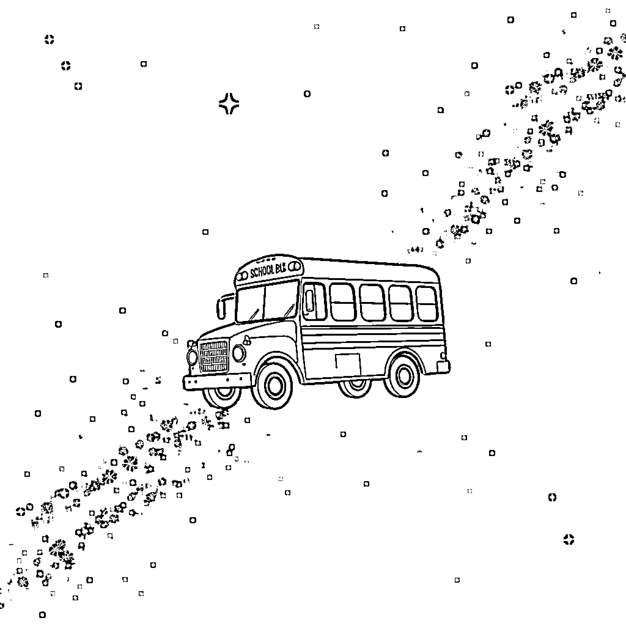 School Bus Traveling on a Snowy Road Coloring Page (free black-and-white line drawing printable PDF for all, from beginners to advanced learners, including children, teens, adults, and seniors)