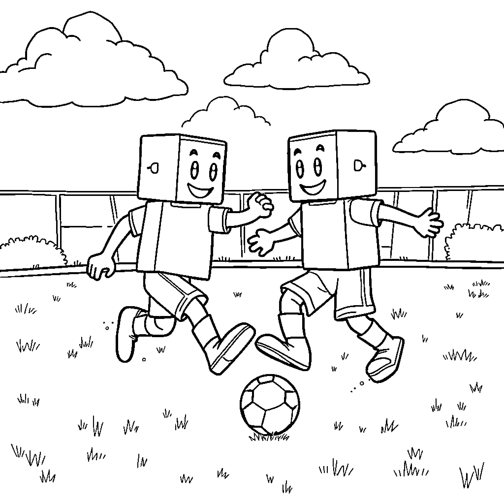 Numberblocks playing with soccer ball in the park Coloring Page (free black-and-white line drawing printable PDF for all, from beginners to advanced learners, including children, teens, adults, and seniors)