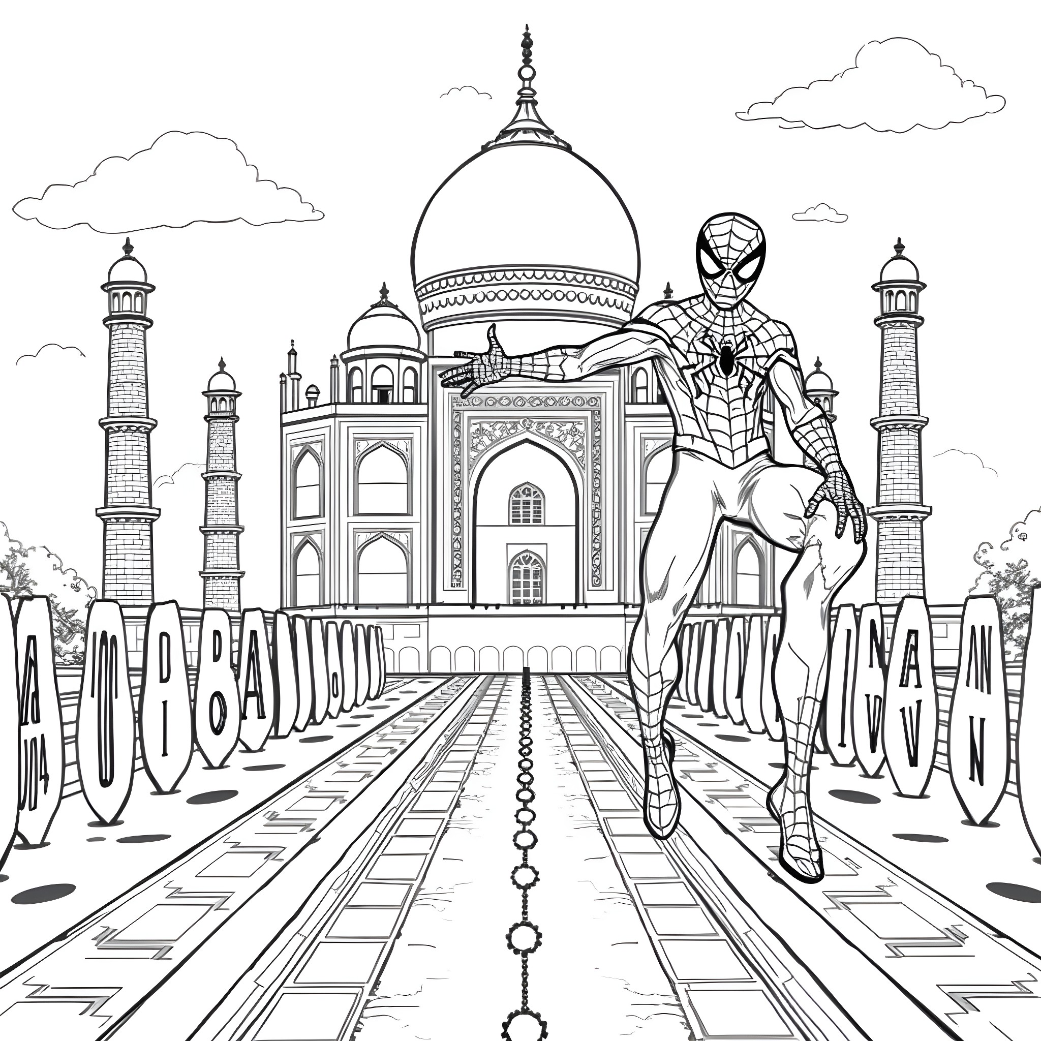 Spider-Man Explores the Majestic Taj Mahal Coloring Page (free black-and-white line drawing printable PDF for all, from beginners to advanced learners, including children, teens, adults, and seniors)