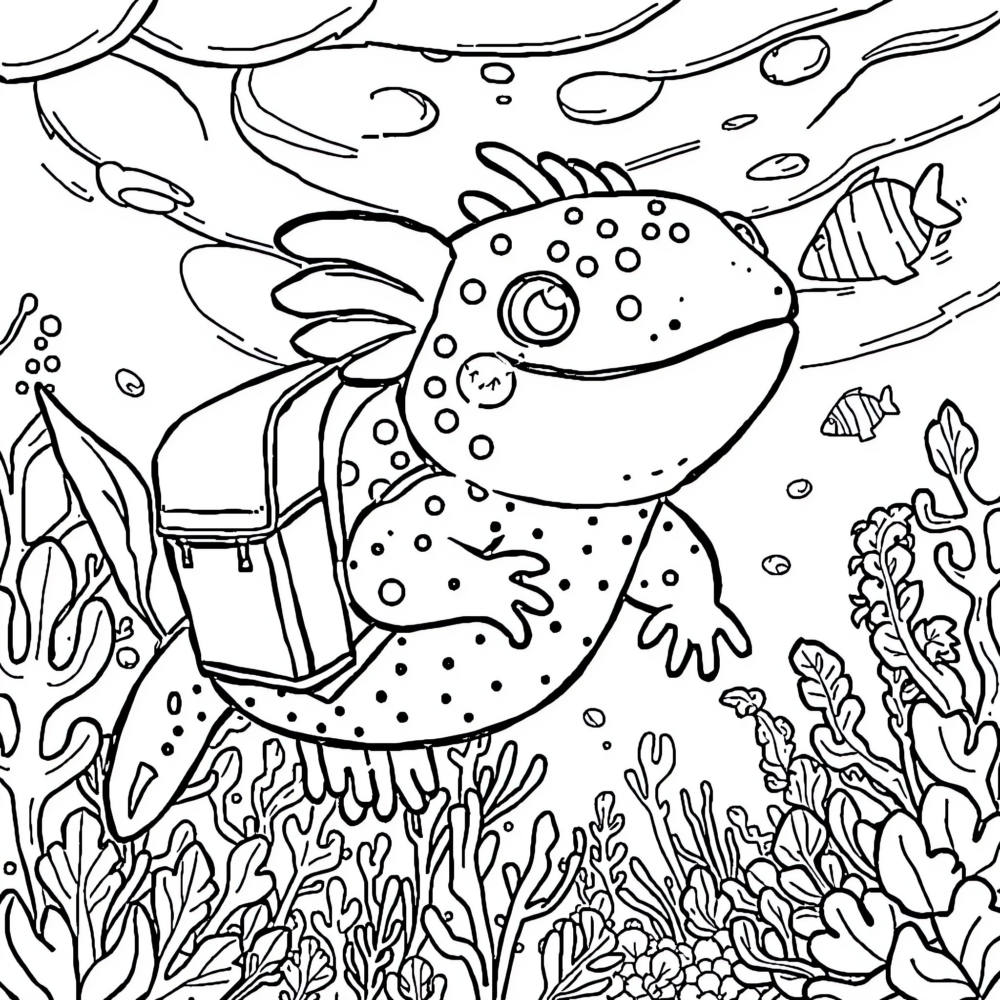 Axolotl exploring the underwater scene Coloring Page (free black-and-white line drawing printable PDF for all, from beginners to advanced learners, including children, teens, adults, and seniors)